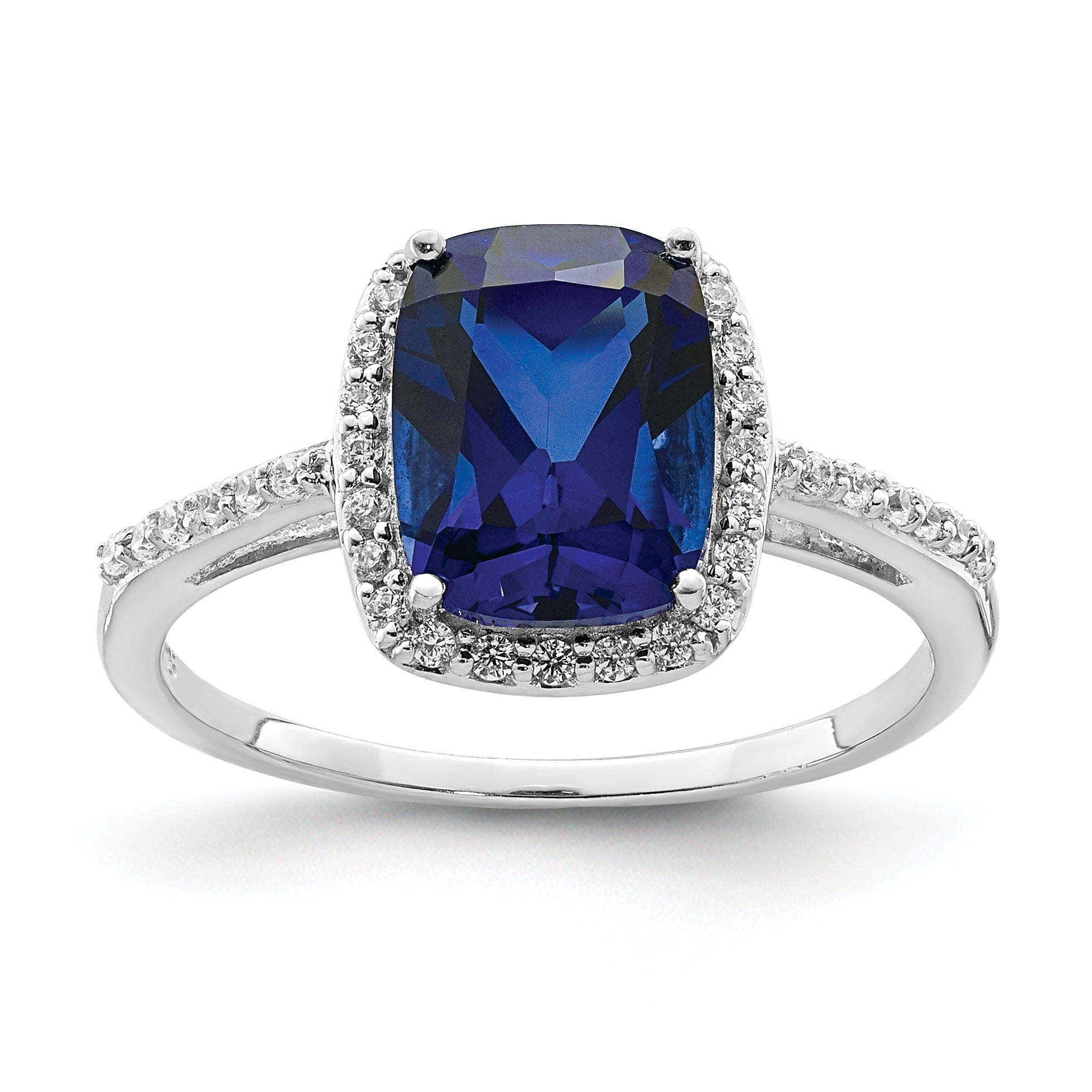 2.3 Ct Cushion Blue Created Sapphire & CZ Prong Rhodium-Plated Silver Halo Pave Band Ring