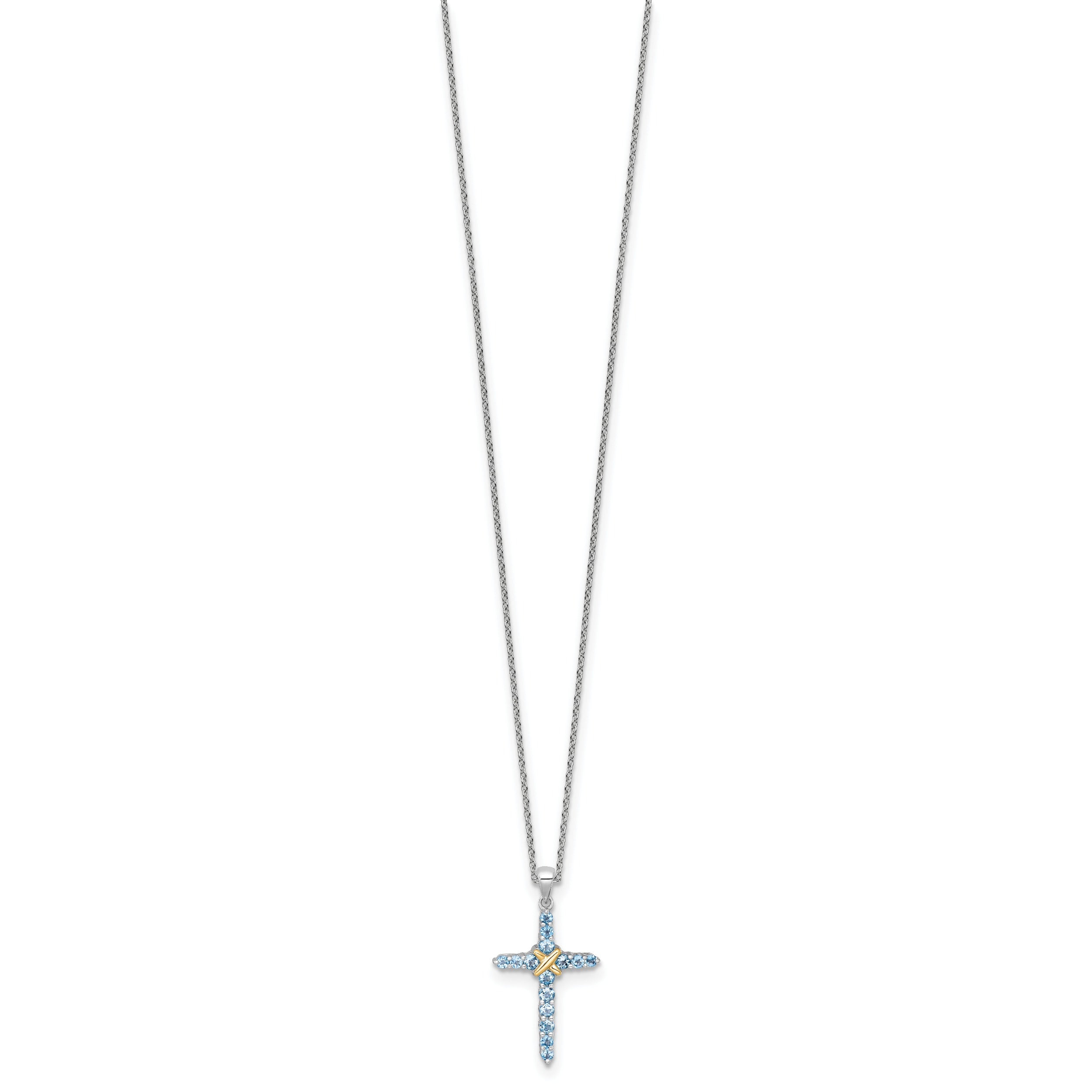 silver chain necklace with a blue gemstone cross pendant featuring gold accent