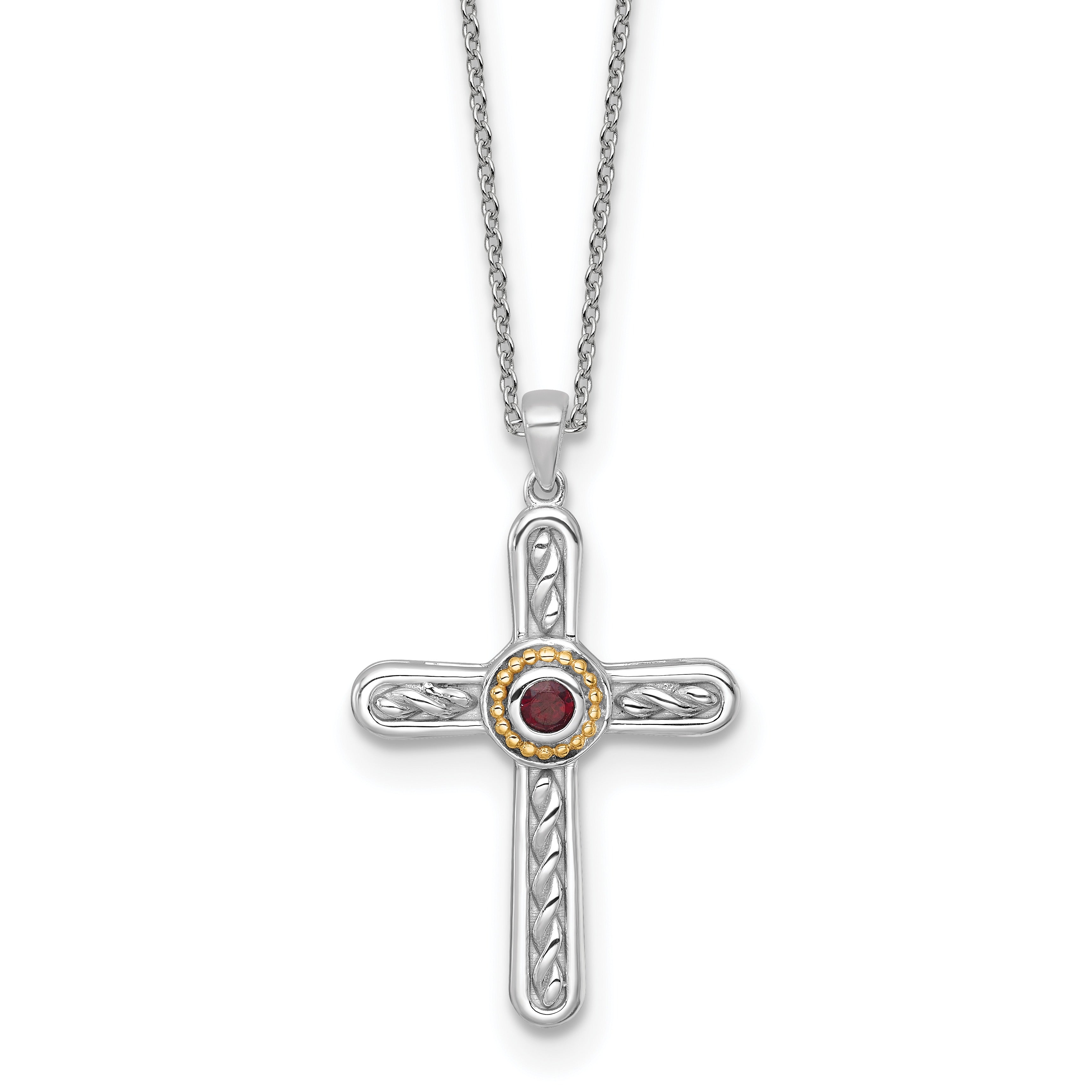 Sterling silver cross pendant with twisted design and central red gemstone, gold bead border, on chain