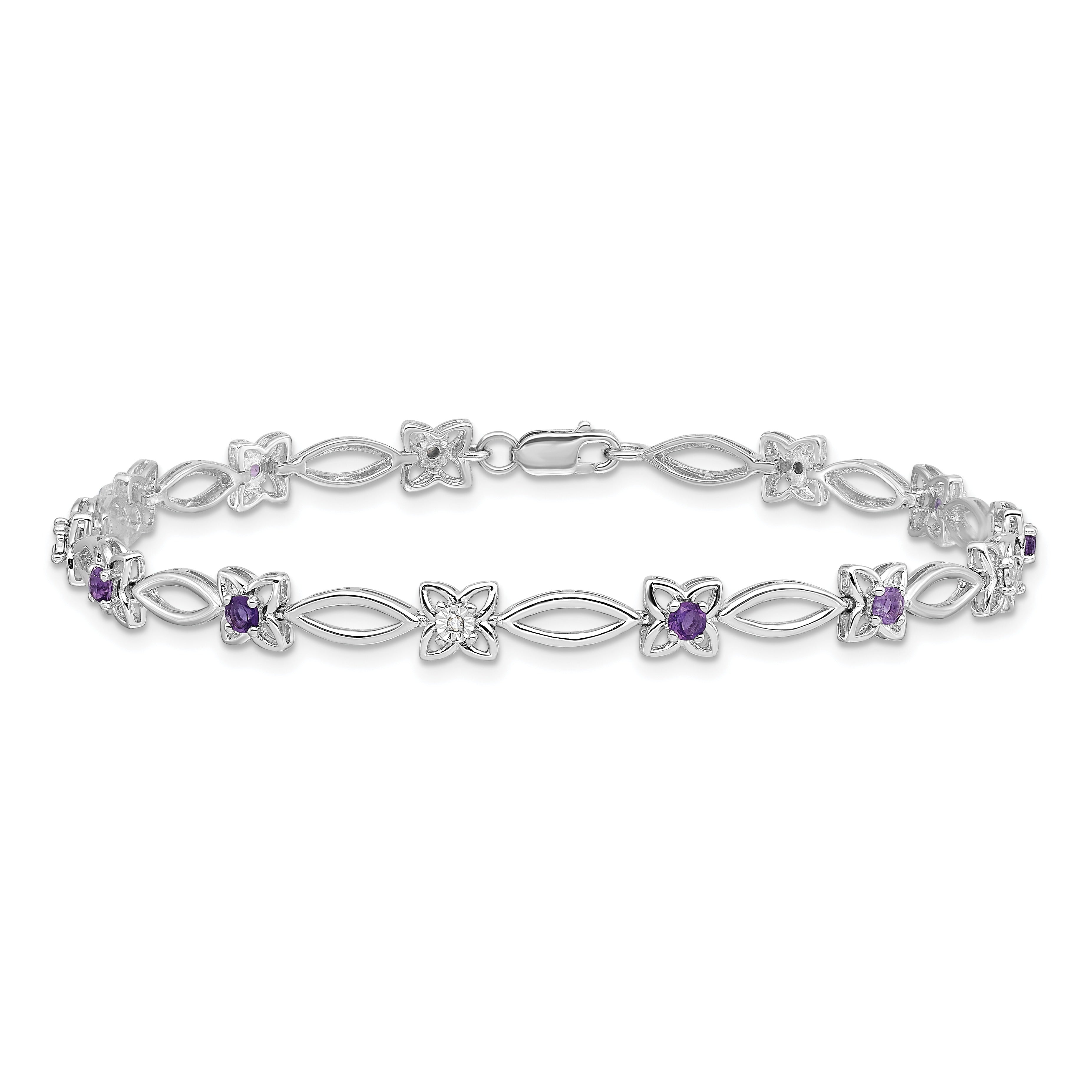 Natural Diamond Amethyst Flower Bracelet Silver