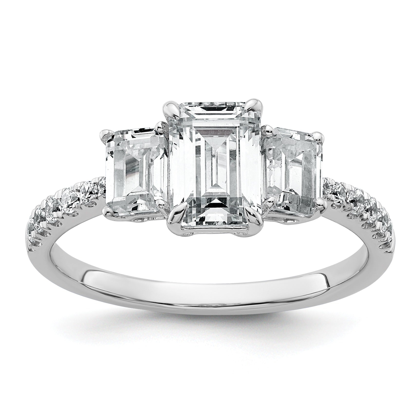 Emerald-Cut White Lab-Grown Diamond Prong 14K White Gold Three Stone Ring