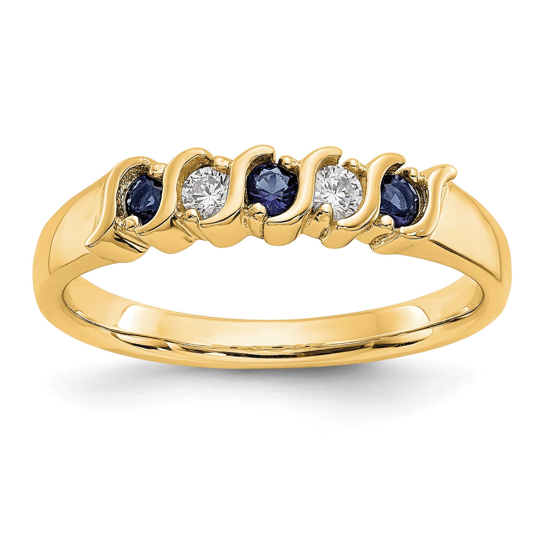 Round Sapphire Diamond Prong 10K Gold Five Stone Ring