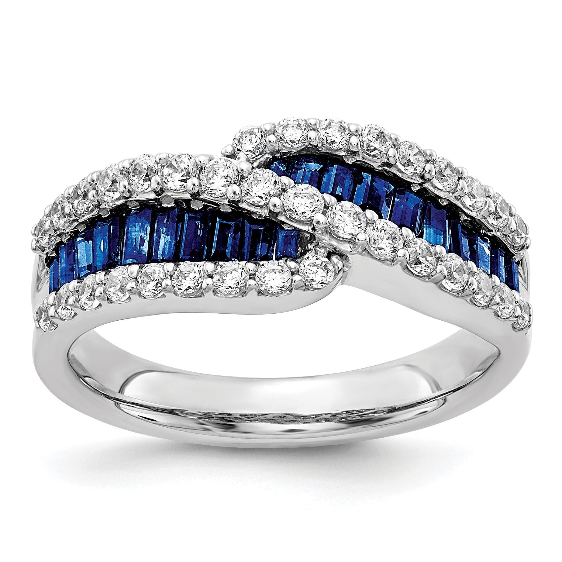 Baguette Blue Sapphire and Diamond Prong 14K White Gold Infinity Halo Ring