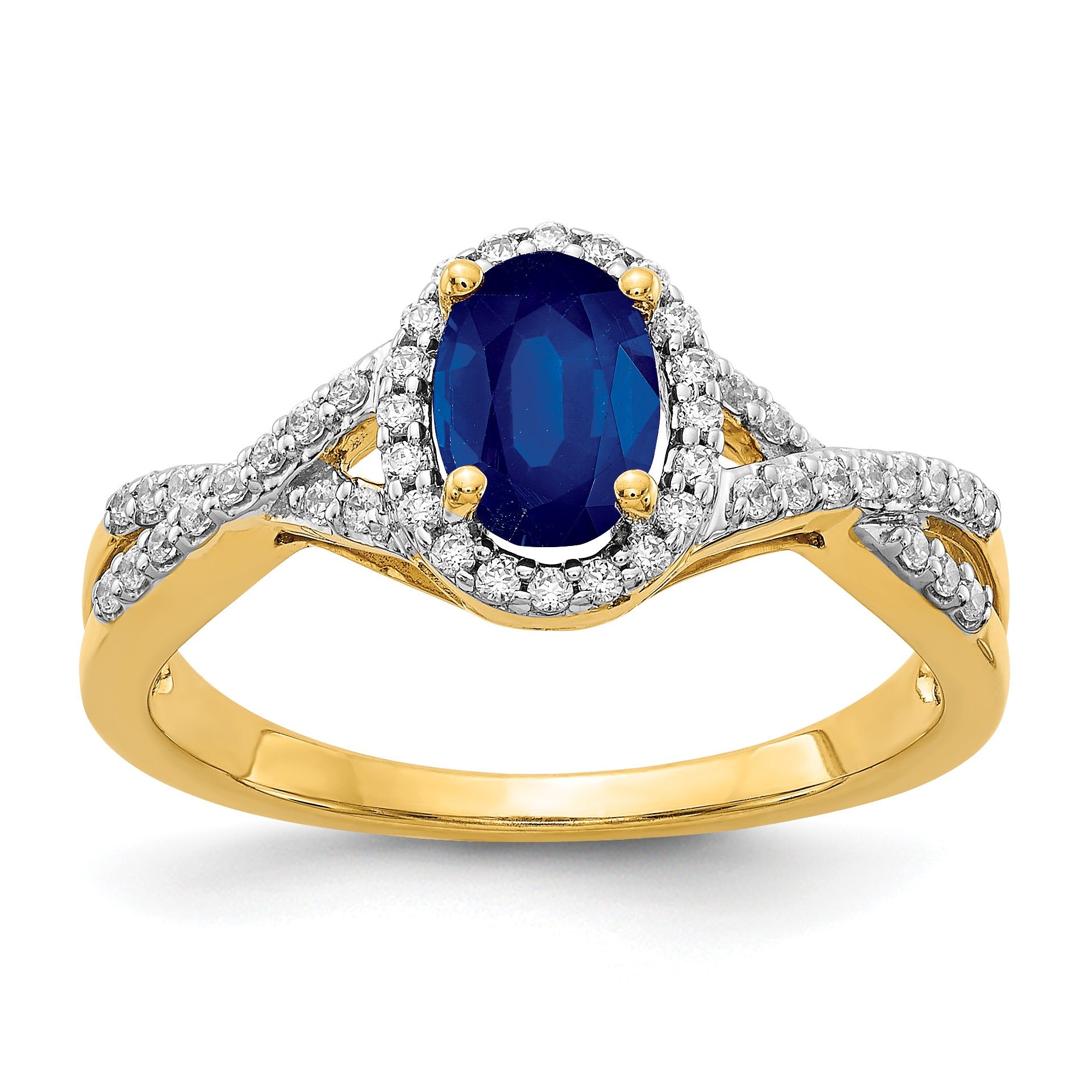 1 Ct Oval Blue Sapphire & Diamond Prong 10K Gold Halo Criss Cross Ring