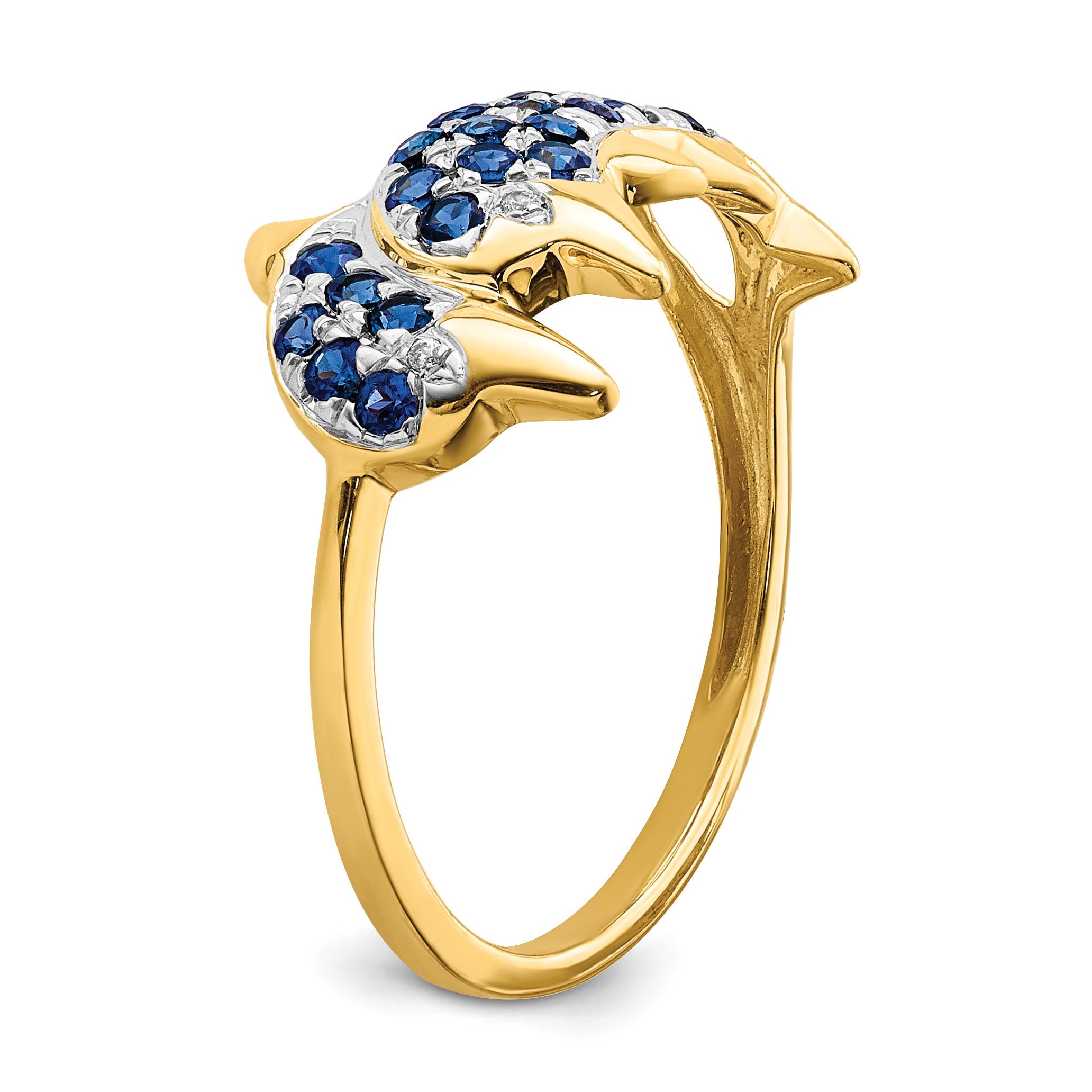 0.57 Ct Blue Sapphire and Diamond Prong 14k Yellow Gold Two Dolphins Ring