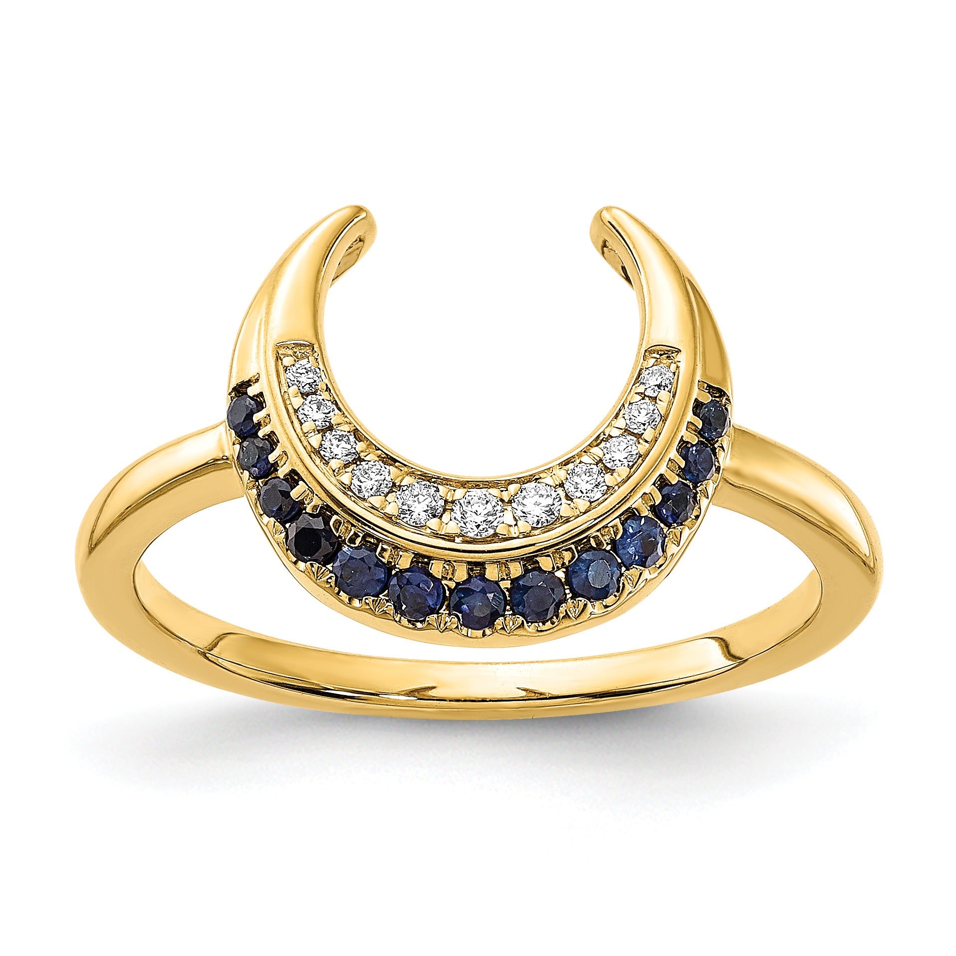 0.25 Ct Round Blue Sapphire & Diamond Pavé 14K Yellow Gold Horseshoe Curved Band Moon Ring