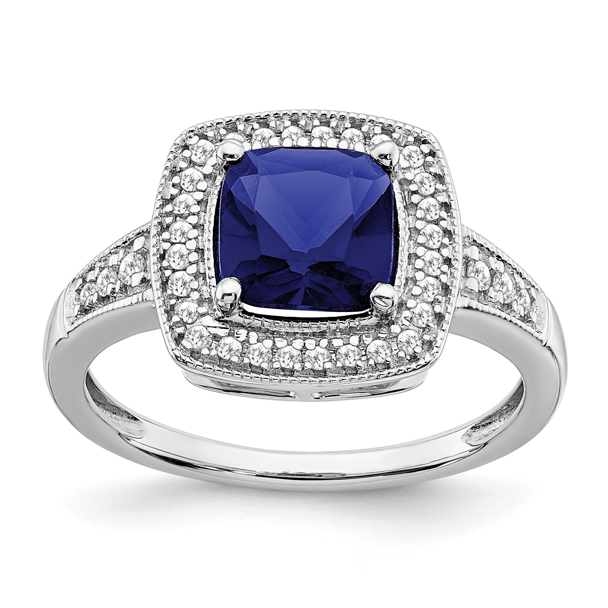 1.31 Ct Cushion Blue Lab Created Sapphire and Diamond Prong 14K White Gold Halo Tapered Ring