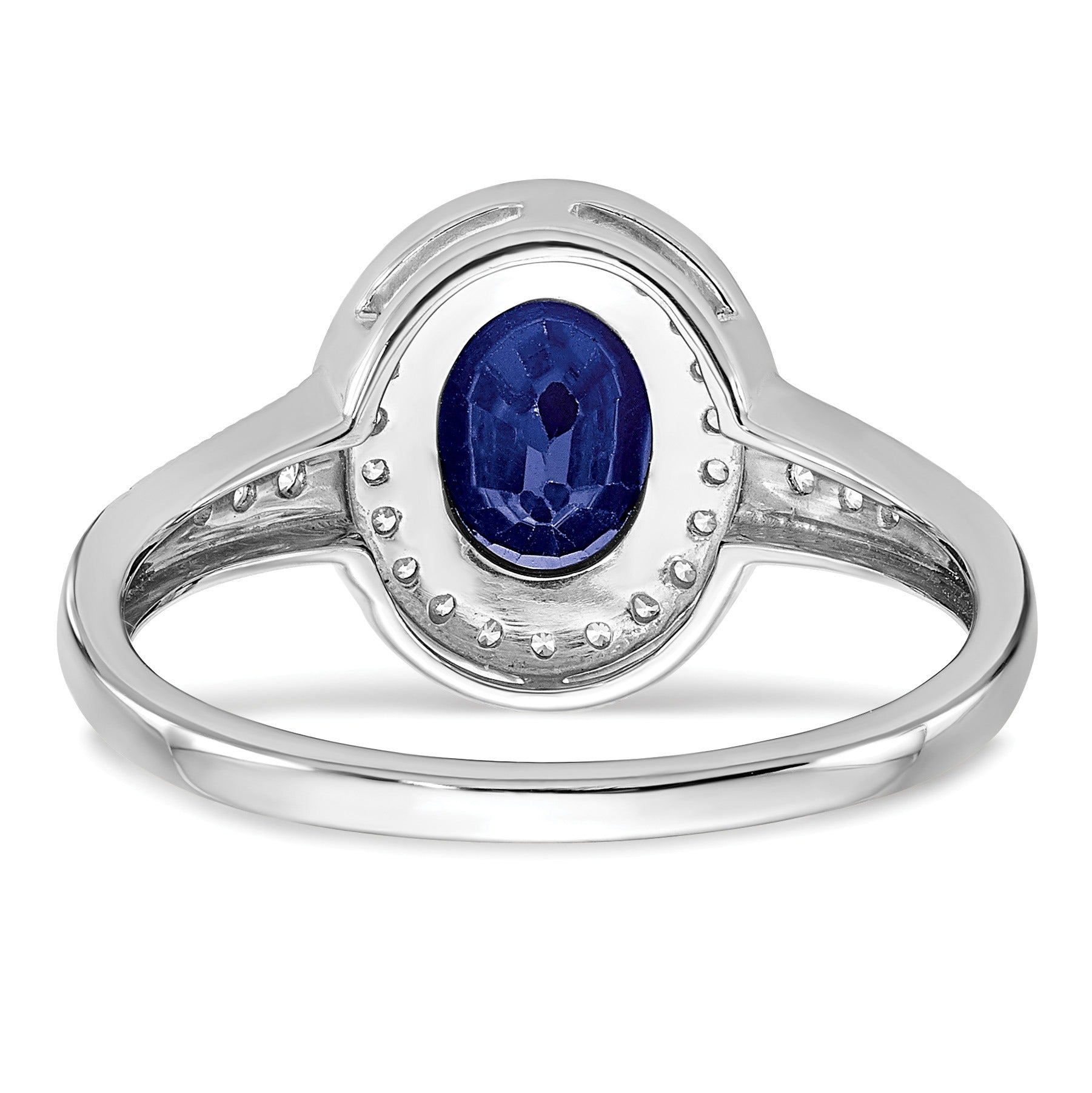 0.68 Ct Oval Lab Created Blue Sapphire and Diamond Prong 14K White Gold Halo Side Pave Ring