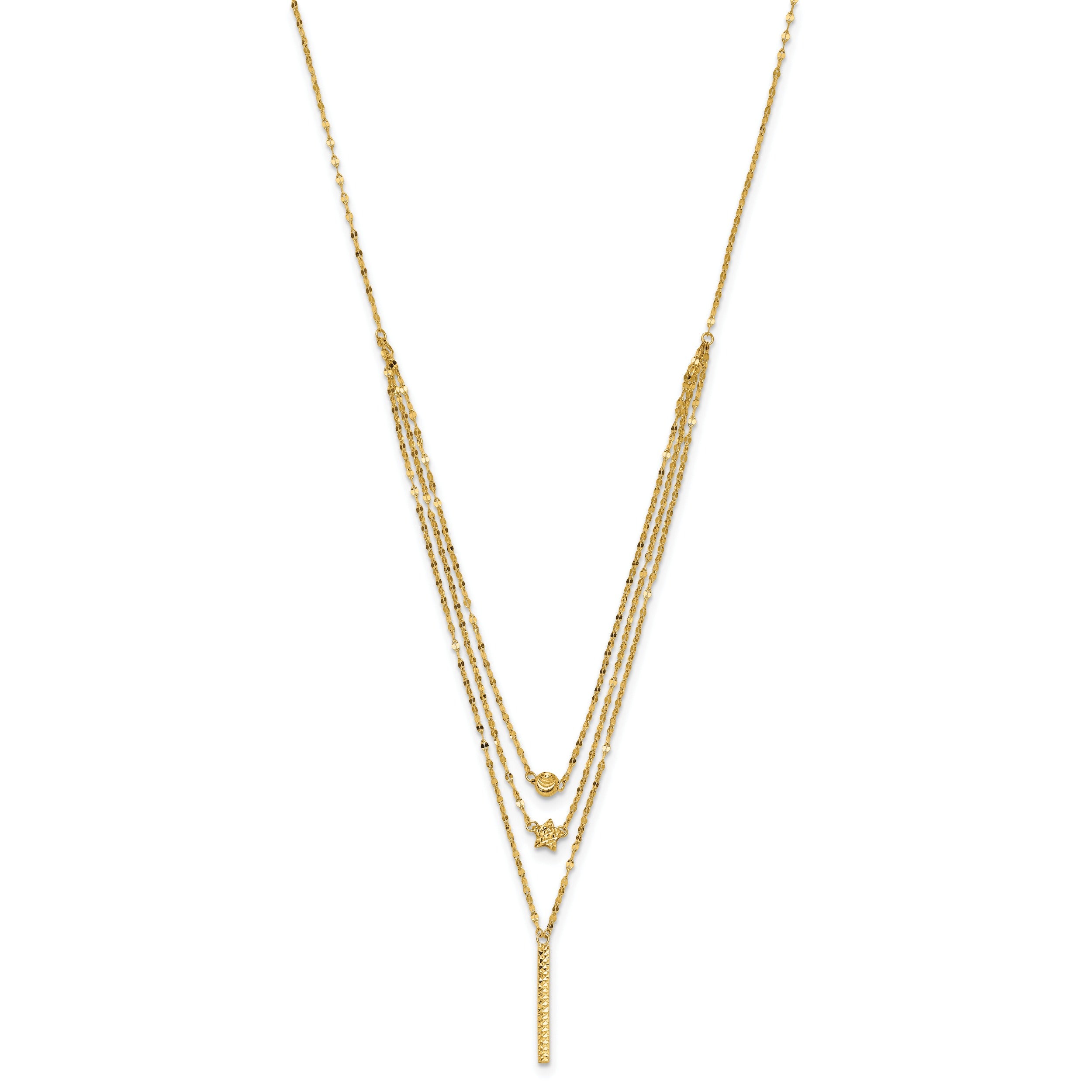 Diamond-Cut Star 14K Gold Three Strand Beaded Layered Necklace