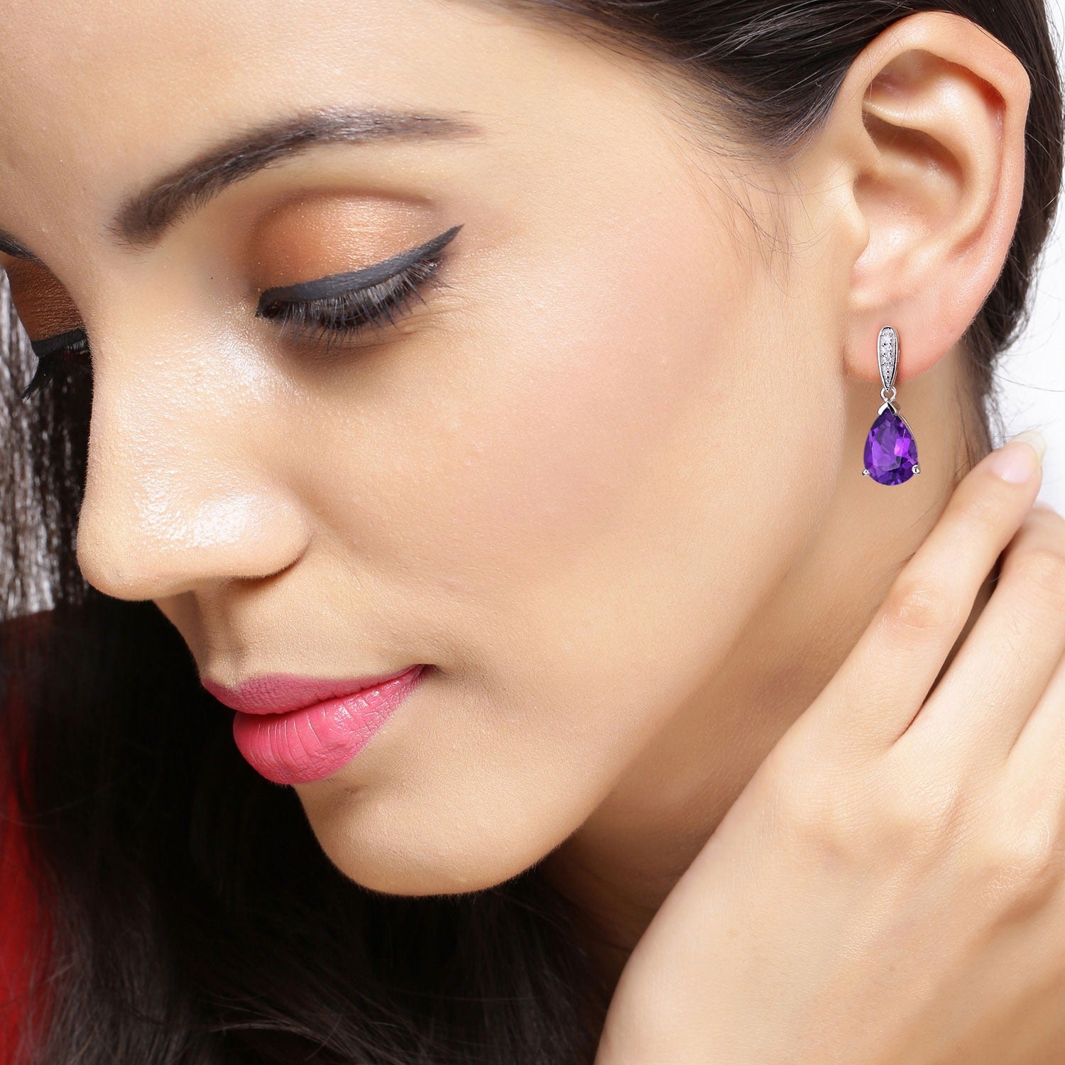 Genuine Amethyst and Lab Grown Diamond Silver Earrings