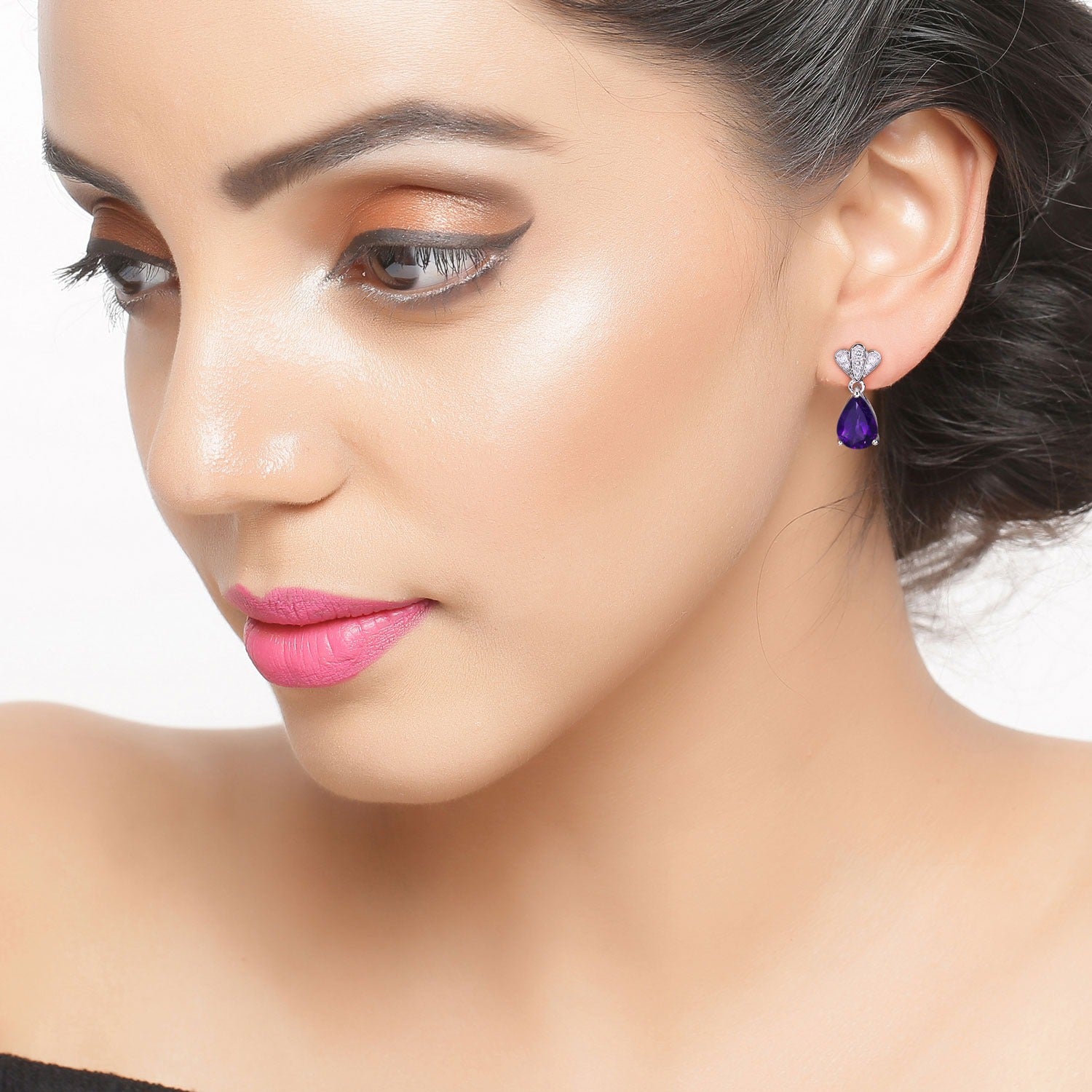 Genuine Amethyst and Lab Grown Diamond Earrings Silver