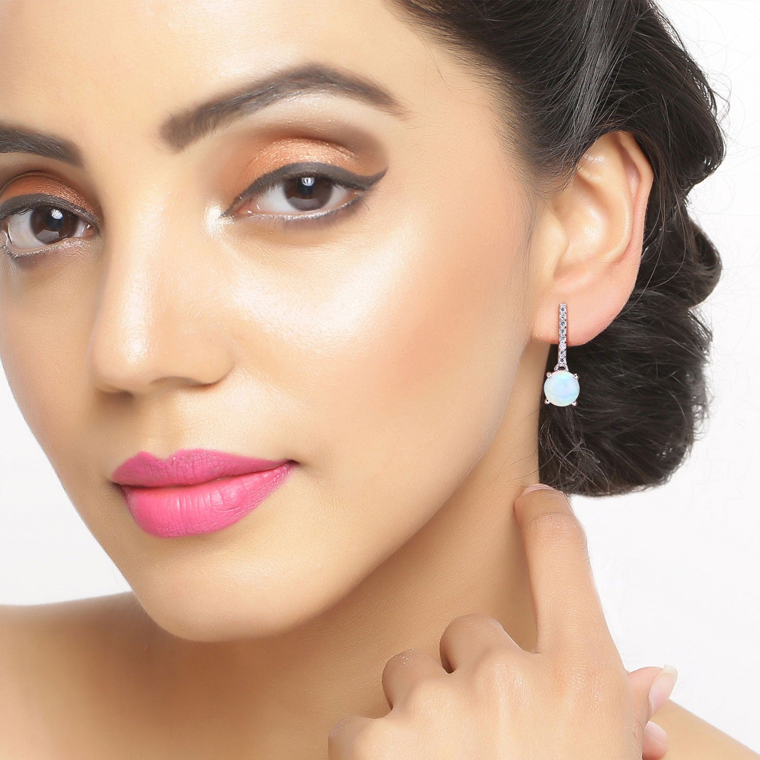 Genuine Ethiopian Opal Lab Grown Diamond Silver Drop Earrings