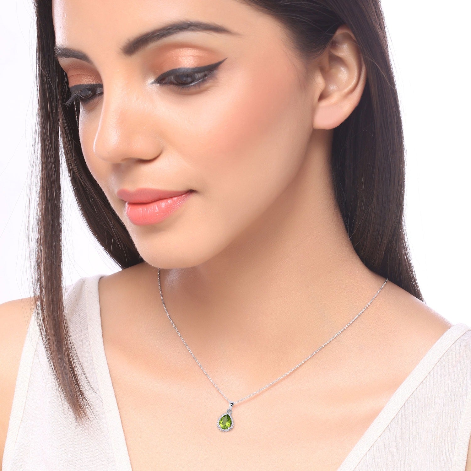 1.63 Ct Genuine Peridot and Lab Grown Diamond Silver Pear Necklace