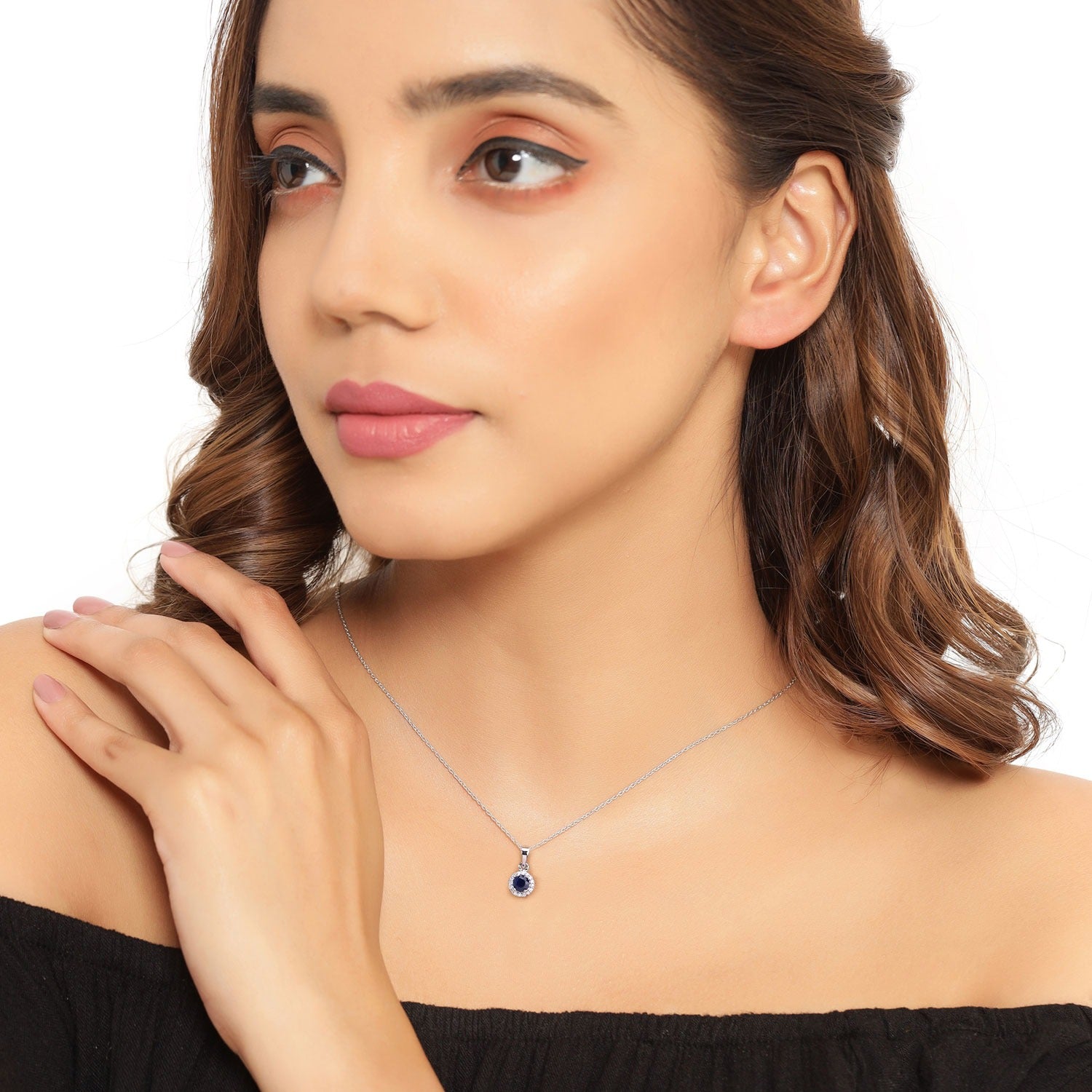 0.75 Ct Genuine Blue Sapphire and Lab Diamond Silver Round Halo Necklace Fine Color Jewels