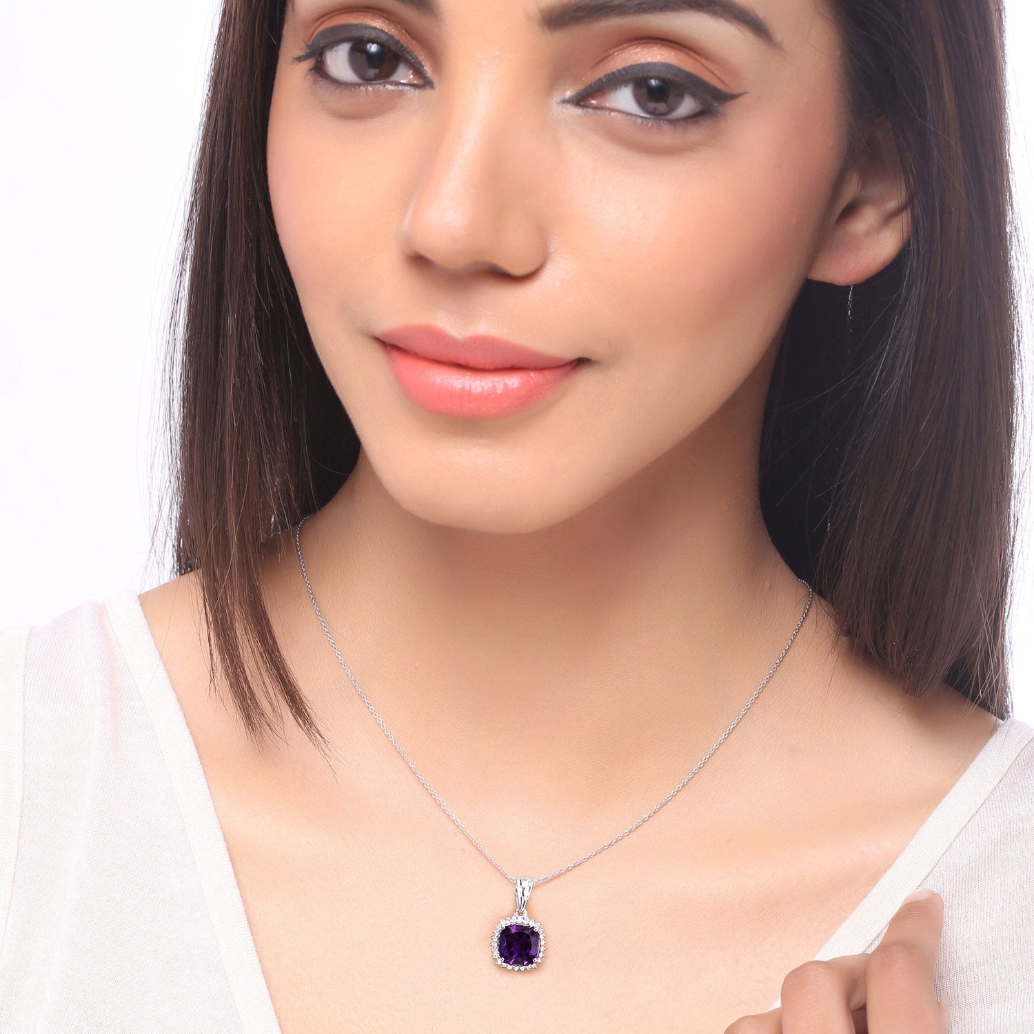 2.80 C Genuine Amethyst and Lab Grown Diamond Silver Necklace