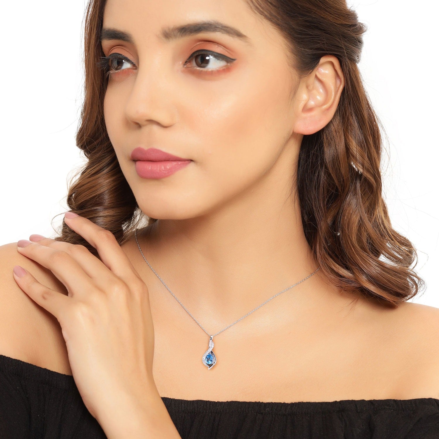 2.02 Ct Genuine Swiss Blue Topaz and Lab Grown Diamond Silver Teardrop Crossover Pendant Necklace Fine Color Jewels