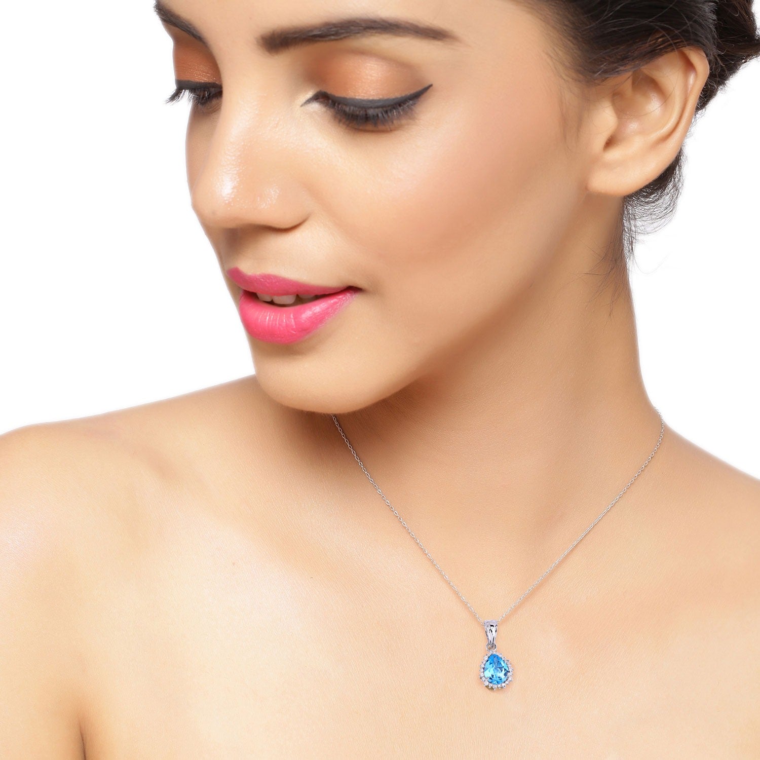 2.85 Ct Genuine Swiss Blue Topaz and Lab Diamond Silver Halo Necklace Fine Color Jewels