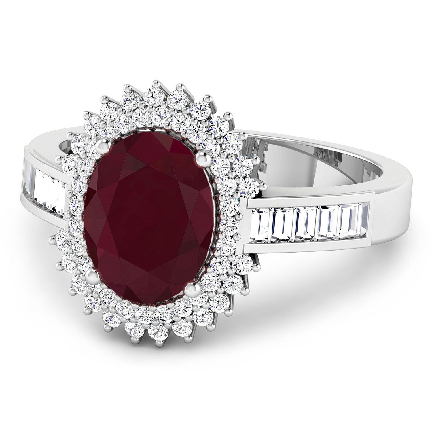 2.82 Ct Oval Pink Ruby and White Diamond Prong 14K White Gold Halo Floral Ring