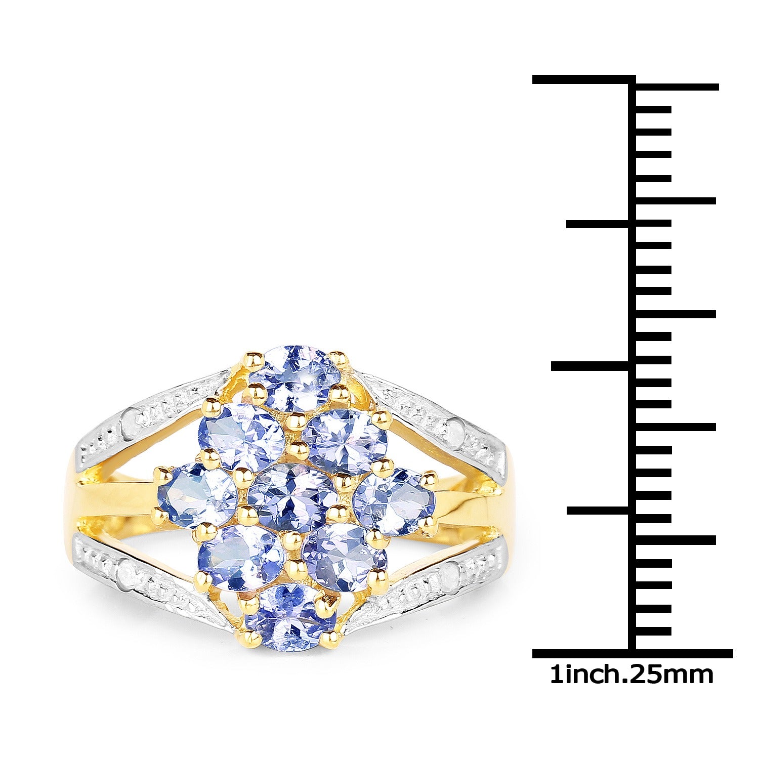 1.59 Ct Oval Violet Tanzanite Prong 14K Yellow Gold Plated Silver Cluster Split Shank Ring