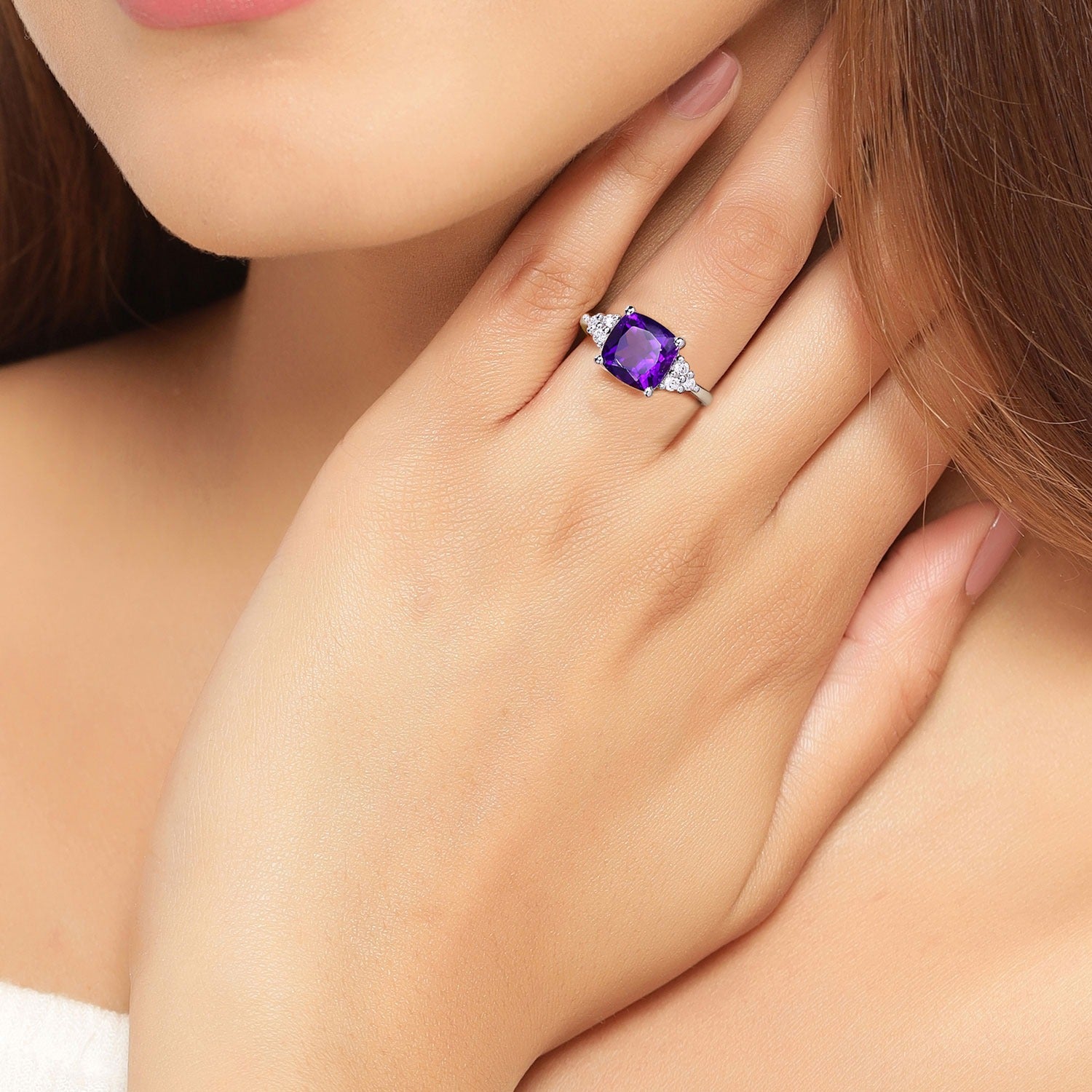 2.81 Ct Genuine Amethyst and Lab Grown Diamond Silver Cushion Cocktail Ring Fine Color Jewels