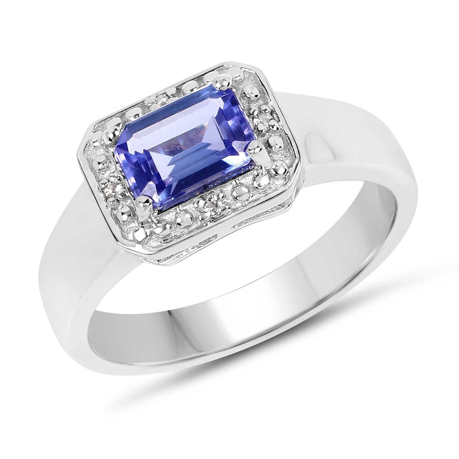 1.12 Ct Octagon Violet Tanzanite & White Topaz Prong Silver Halo Statement Ring