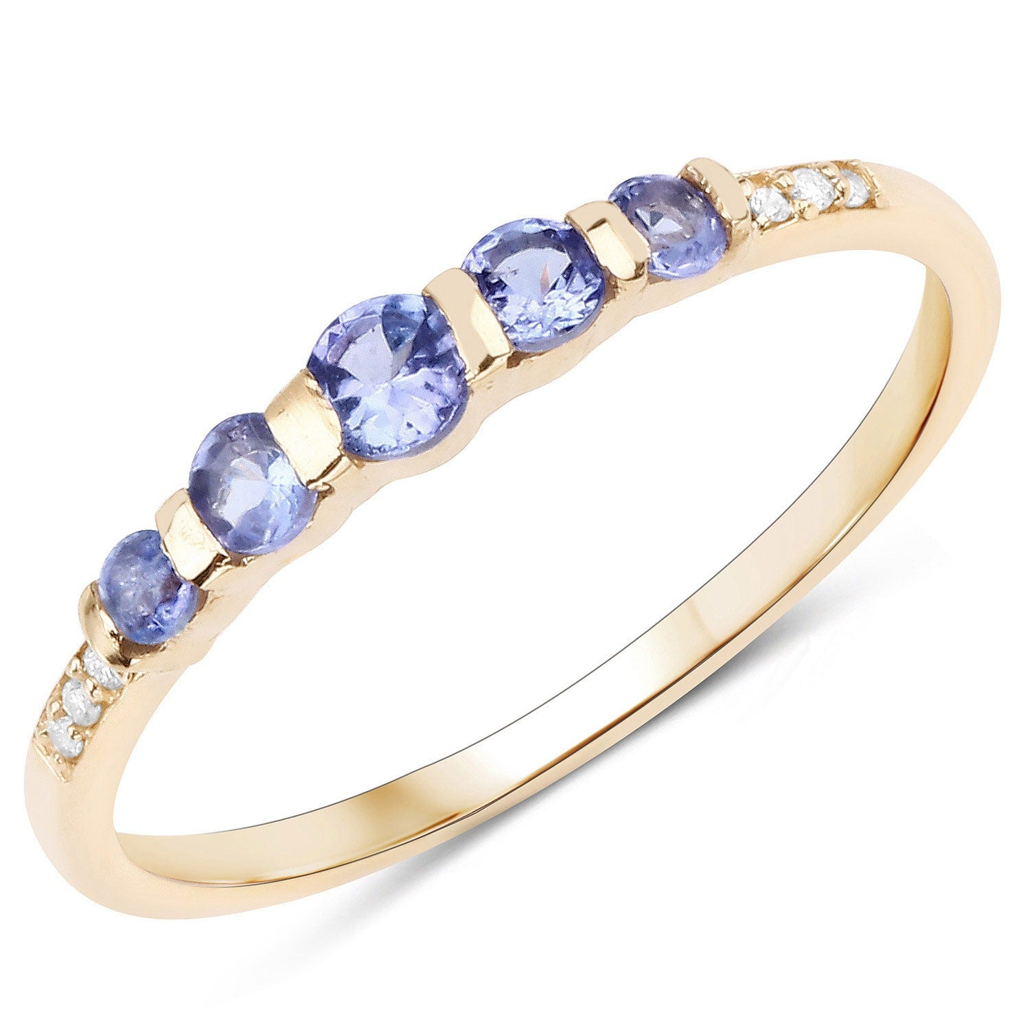 0.36 Ct Violet Tanzanite and White Diamond Prong 10k Gold 5 Stone Ring