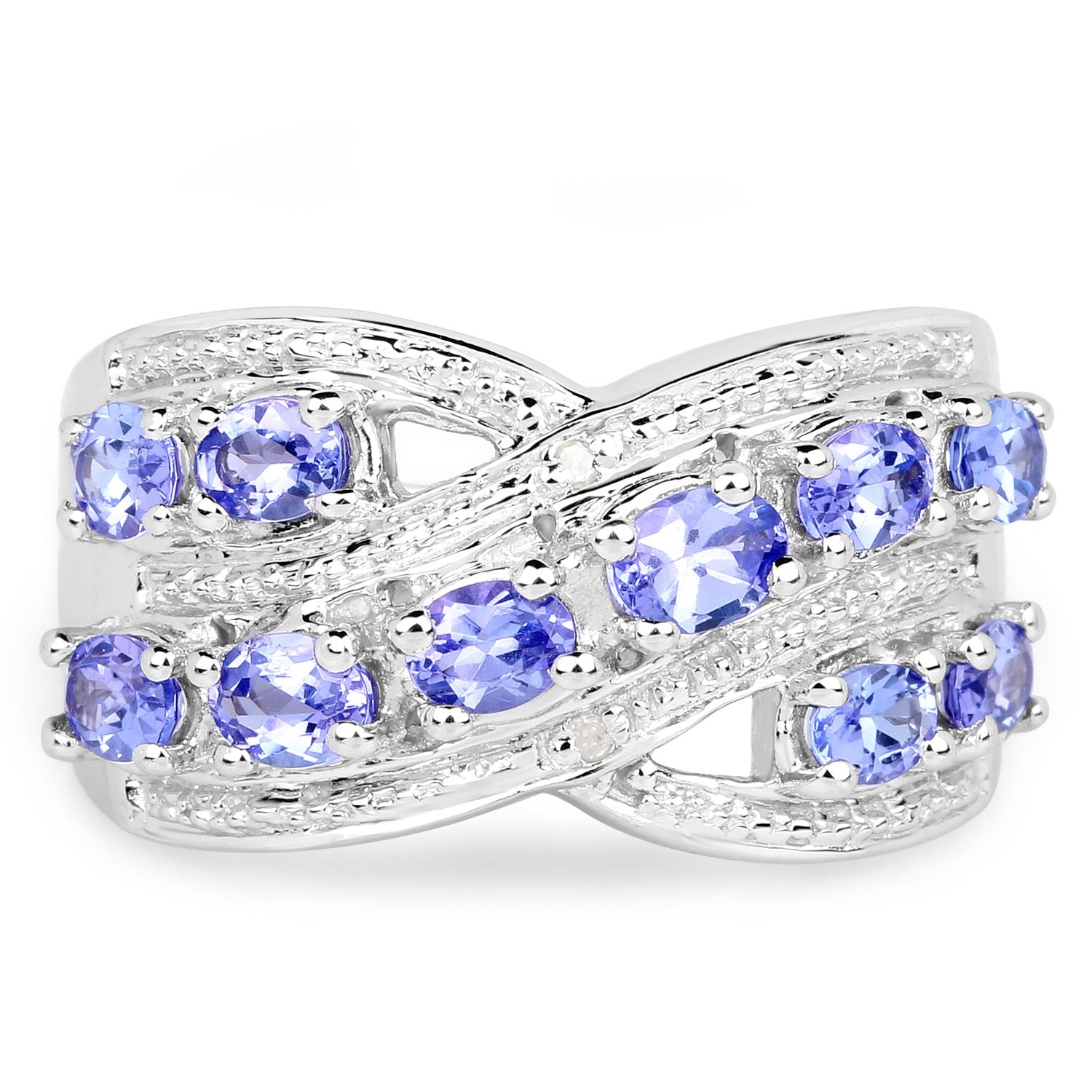 1.70 Ct Oval Violet Tanzanite Diamond Prong Silver Pave Crossover Ring