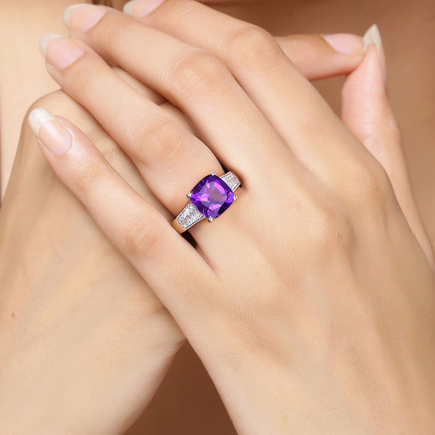 2.77 Ct Genuine Purple Amethyst and Lab Diamond Silver Bridge Ring Fine Color Jewels