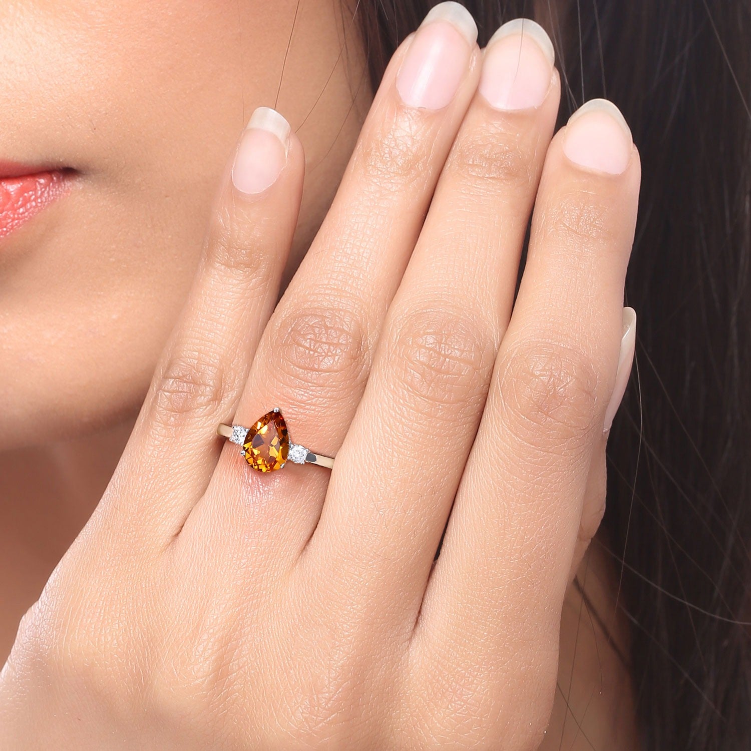 1.17 Ct Genuine Pear Shaped Madeira Citrine and Lab Diamond Silver 3 Stone Ring Fine Color Jewels