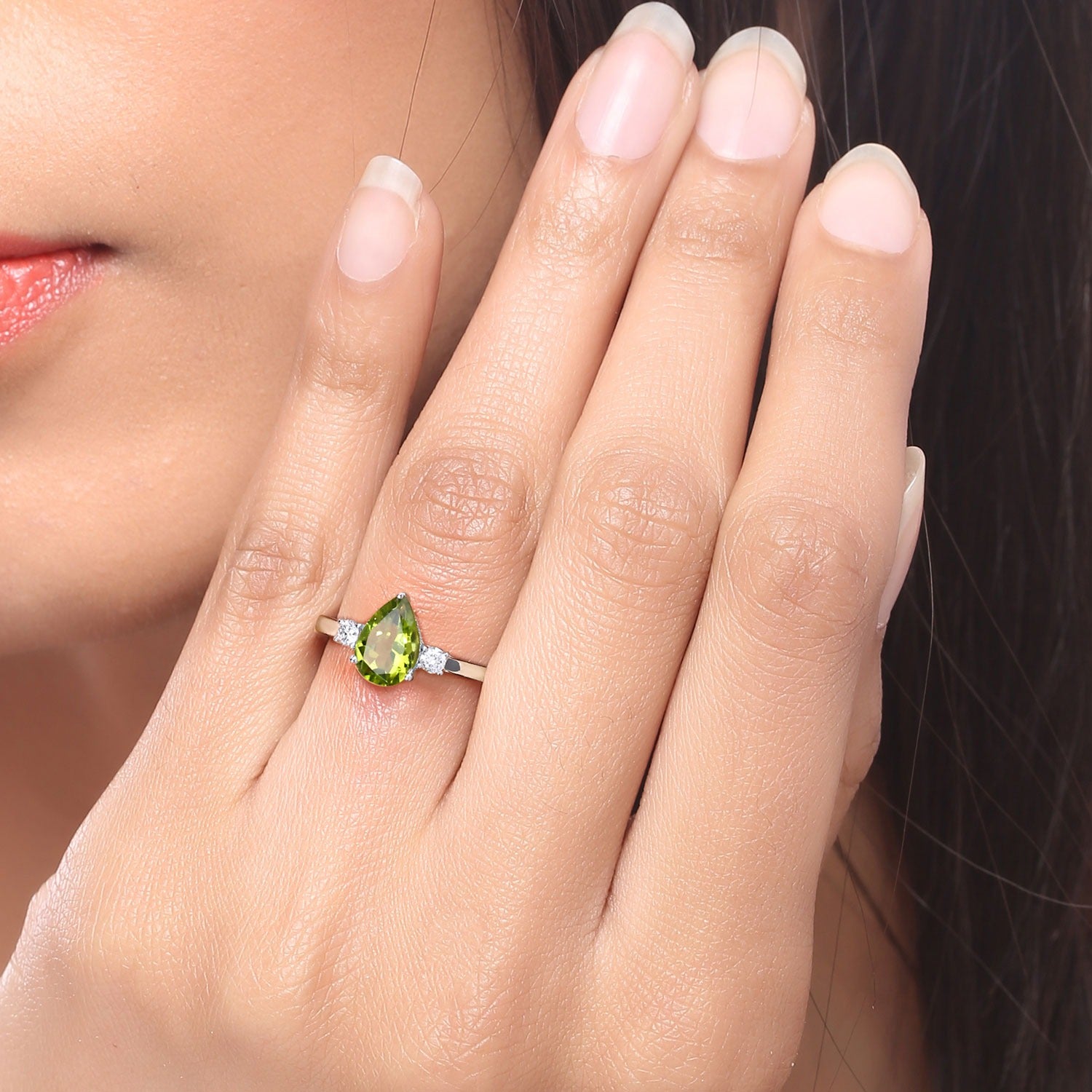 1.22 Ct Genuine Pear Shaped Green Peridot and Lab Diamond Silver 3 Stone Ring Fine Color Jewels