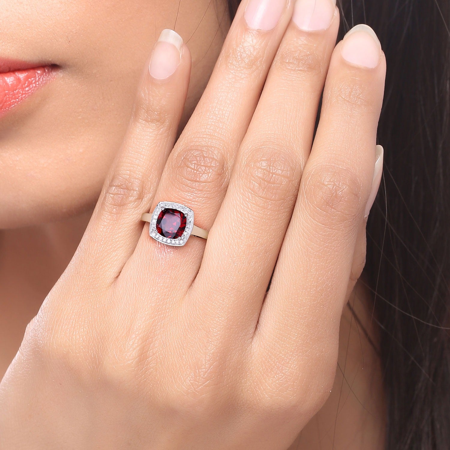 2.52 Ct Genuine Cushion Cut Garnet Lab Diamond Silver Halo Ring Fine Color Jewels