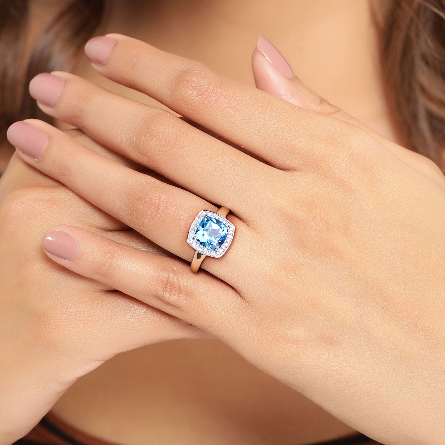 2.47 Ct Genuine Cushion Cut Swiss Blue Topaz Lab Diamond Silver Halo Ring Fine Color Jewels