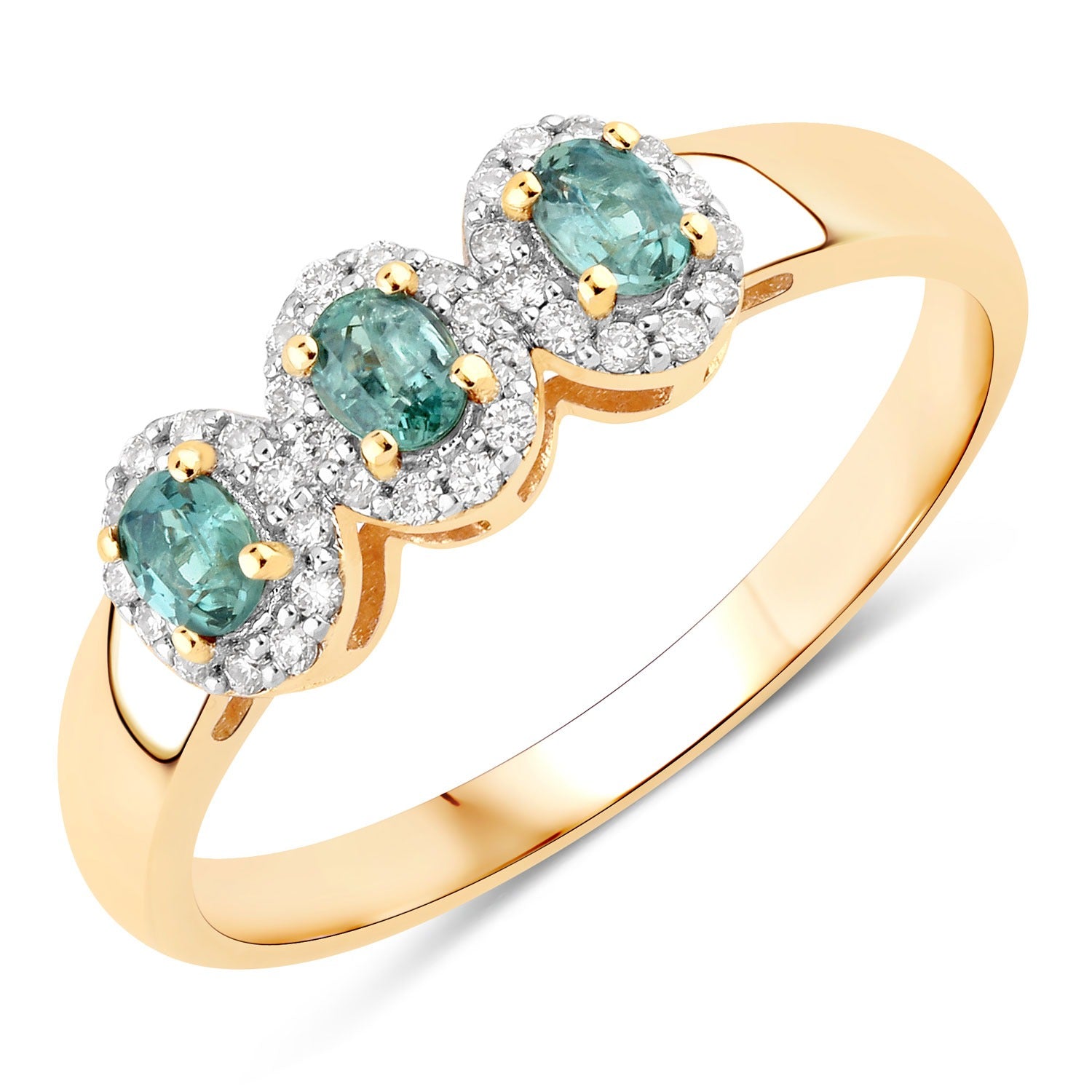 0.46 Ct Green Genuine Alexandrite and Diamond 18K Yellow Gold 3 Stone Halo Ring