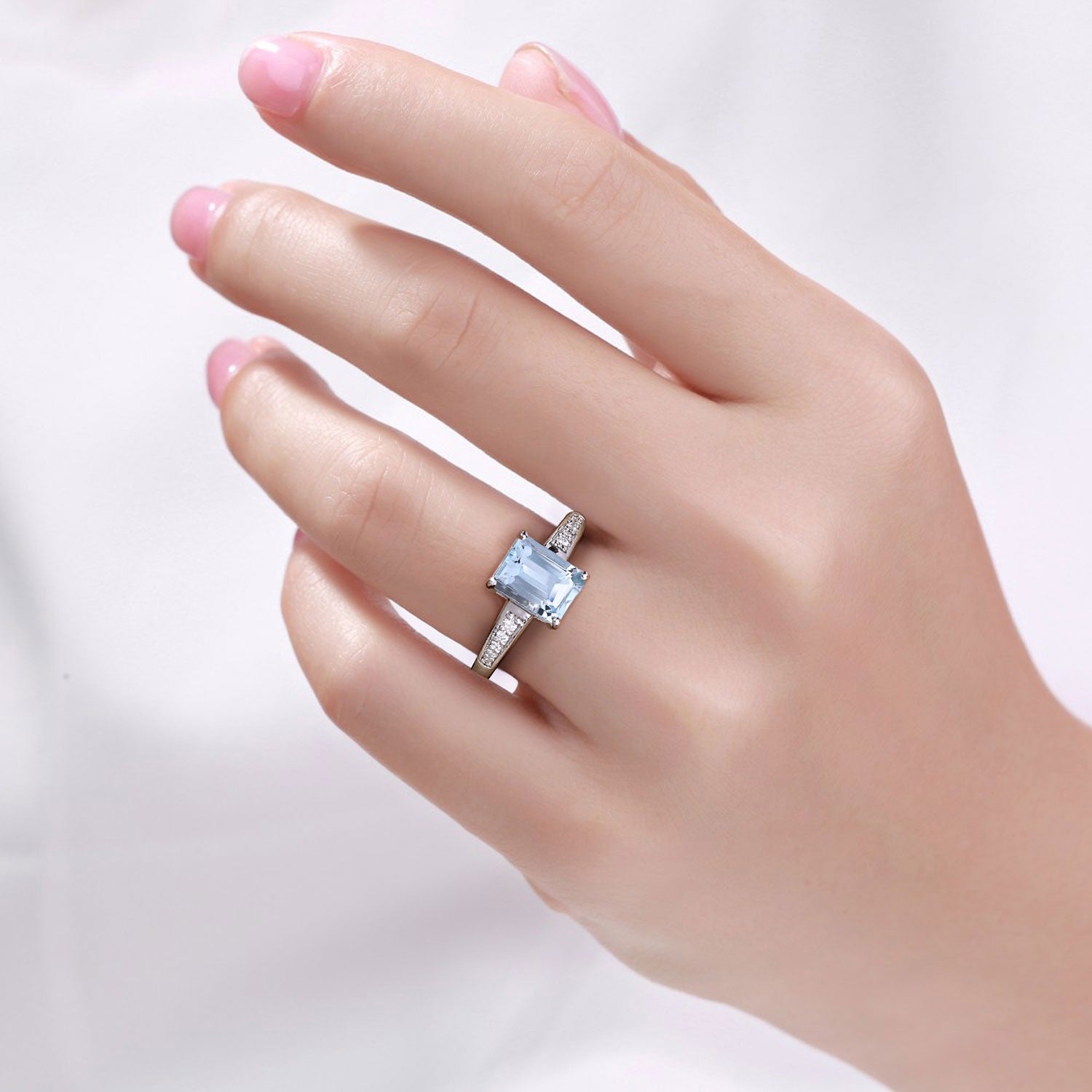 0.95 Ct Genuine Aquamarine and Lab Diamond Silver Octagon Cocktail Ring Fine Color Jewels