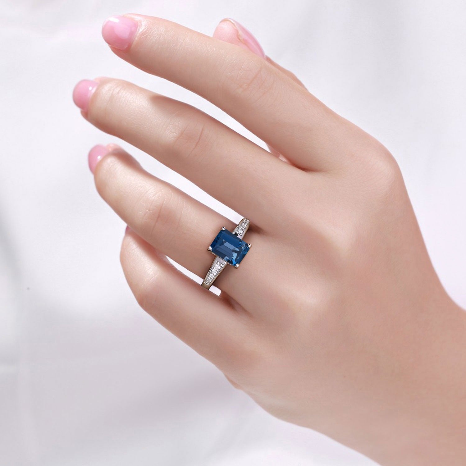 1.69 Ct Genuine London Blue Topaz and Lab Diamond Silver Octagon Bridge Ring Fine Color Jewels