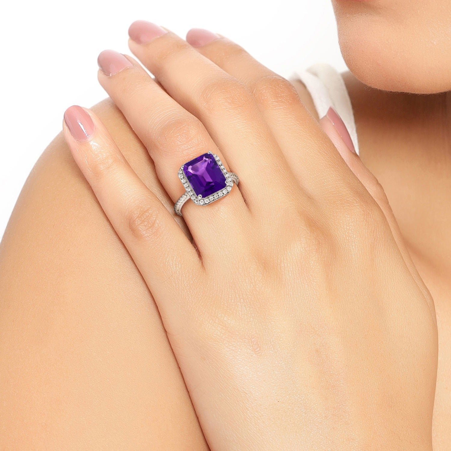 4.03 Ct Genuine Purple Amethyst and Lab Diamond Silver Halo Statement Ring Fine Color Jewels