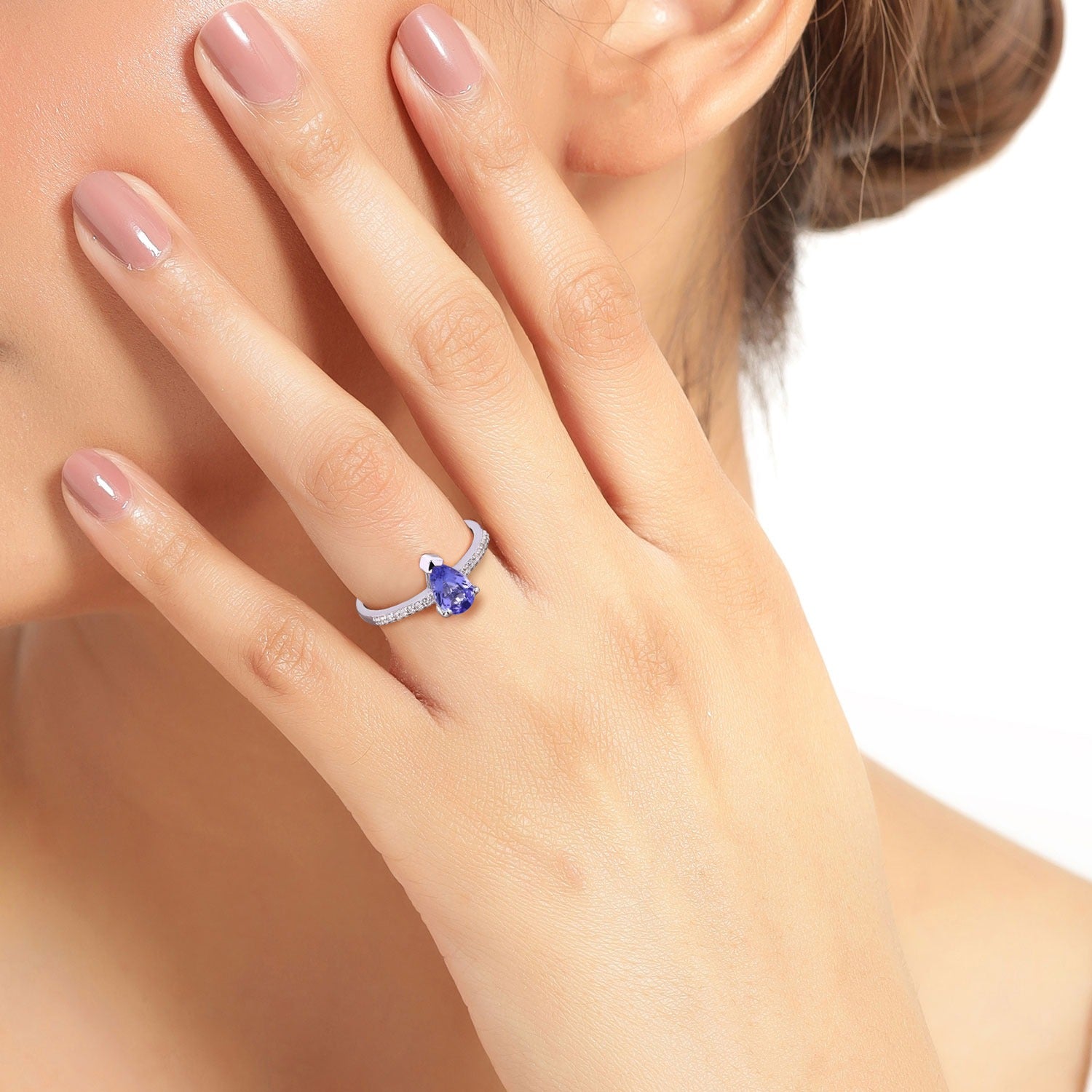 0.88 Ct Genuine Tanzanite and Lab Grown Diamond Silver Teardrop Ring