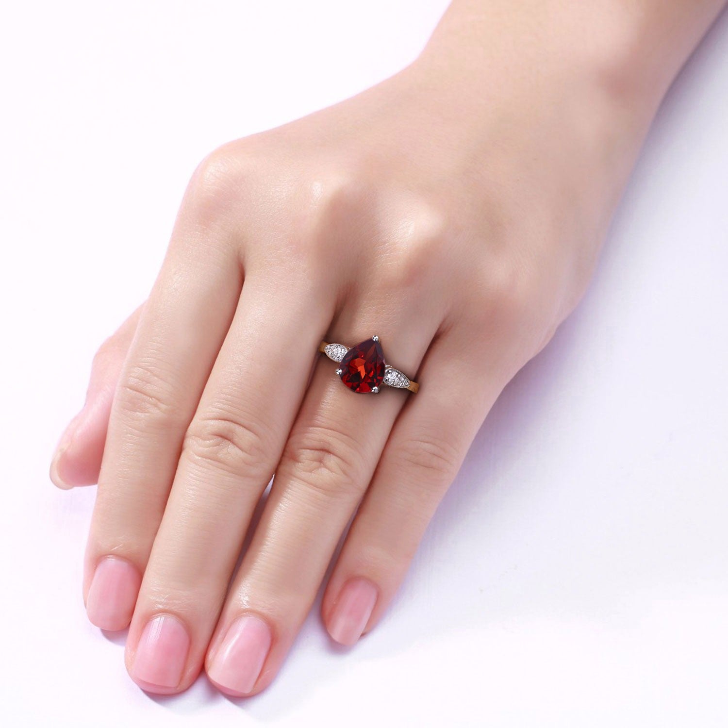 2.56 Ct Genuine Red Pear-shaped Garnet and Lab Diamond Silver Ring