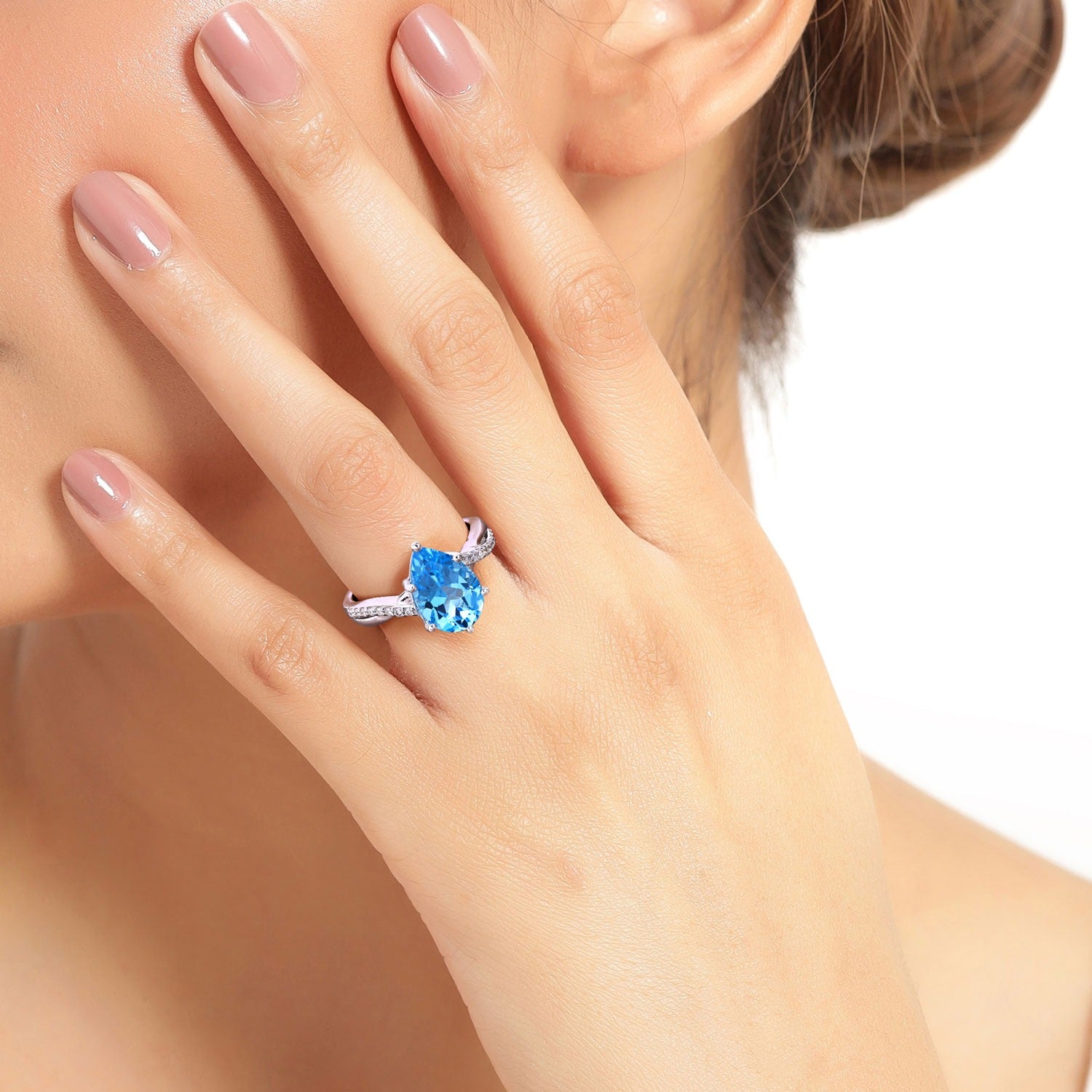 3.62 Ct Genuine Pear Shaped Swiss Blue Topaz and Lab Diamond Silver Bypass Ring