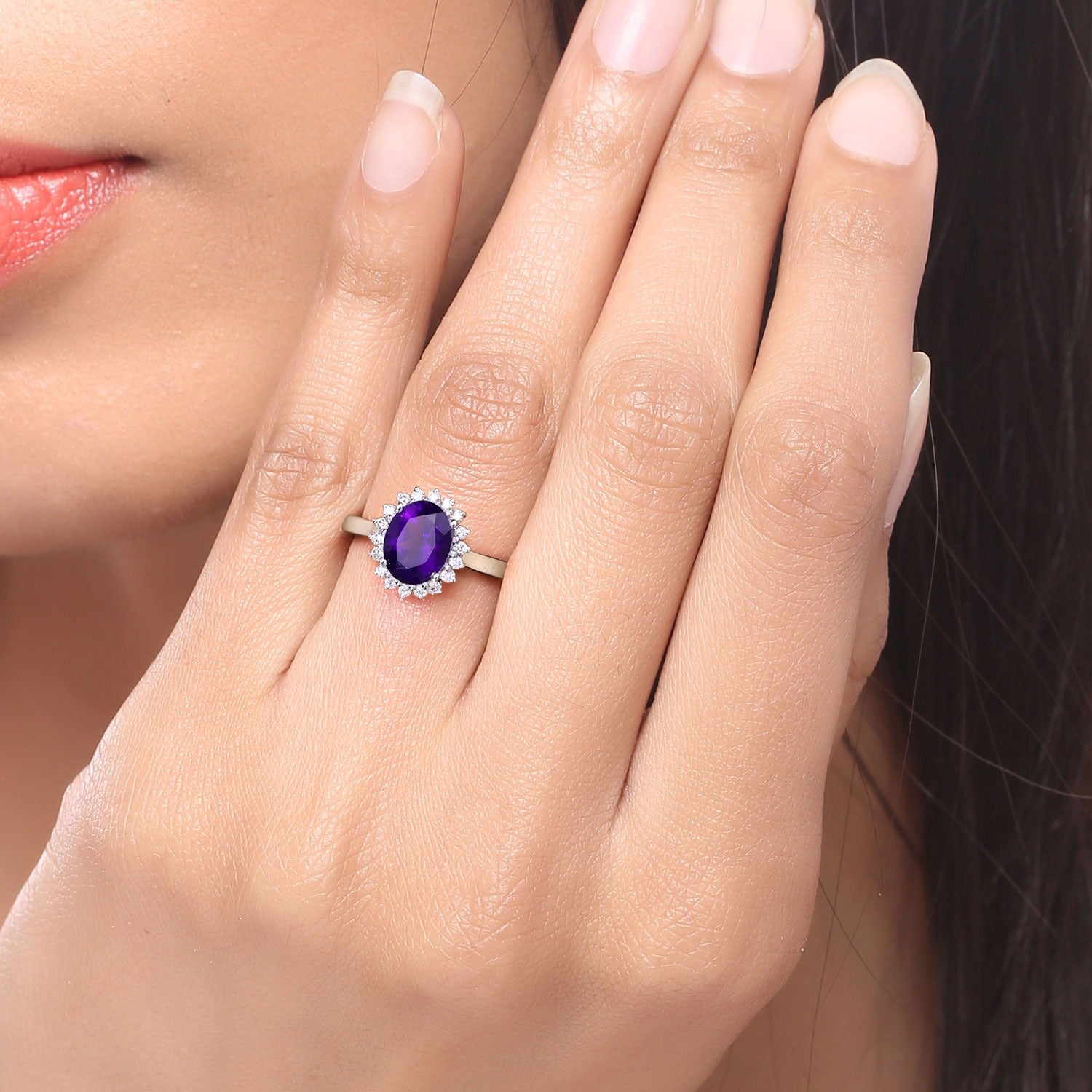 1.87 Ct Genuine Purple Amethyst and Lab Grown Diamond Silver Halo Ring