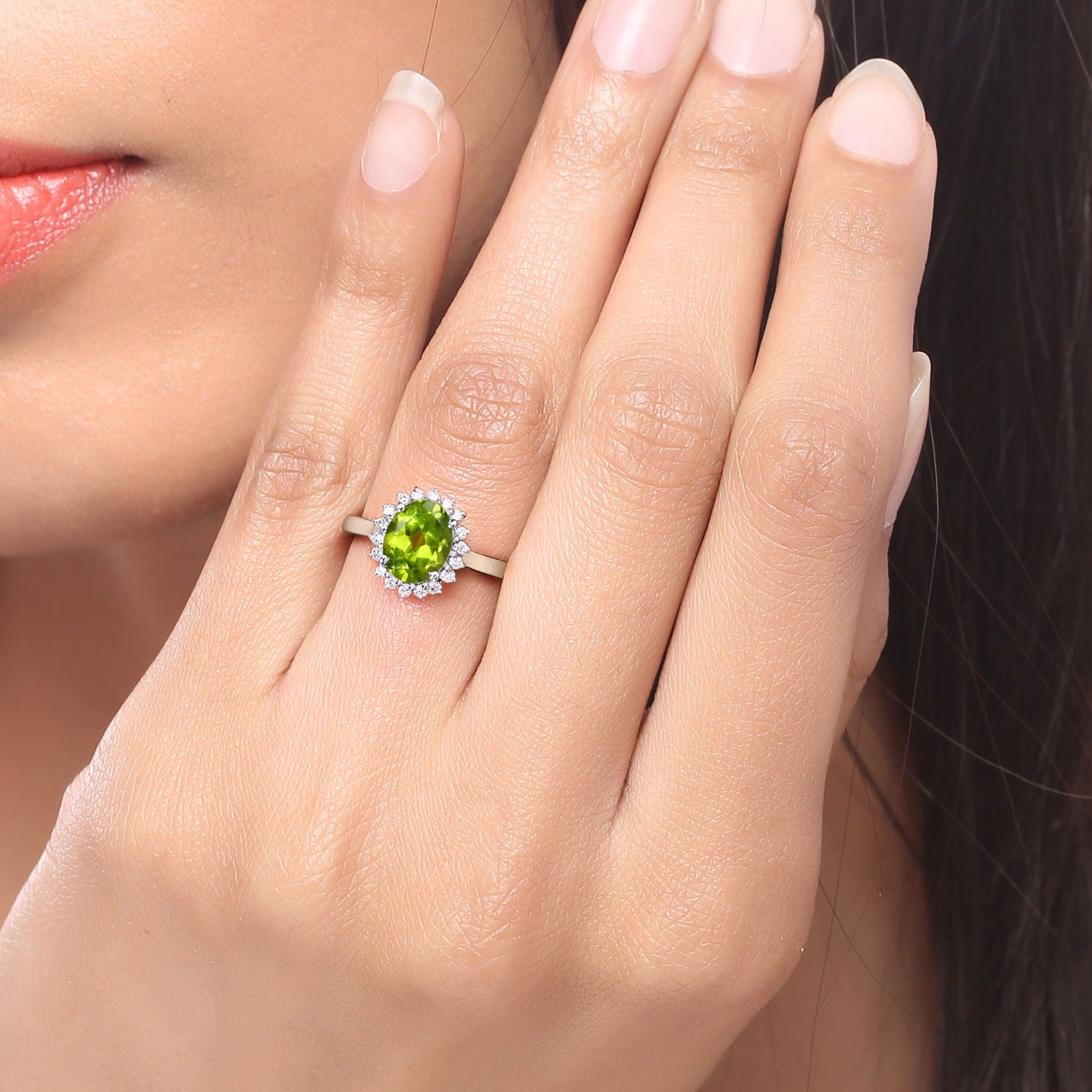 1.97 Ct Green Genuine Peridot and Lab Grown Diamond Silver Halo Ring