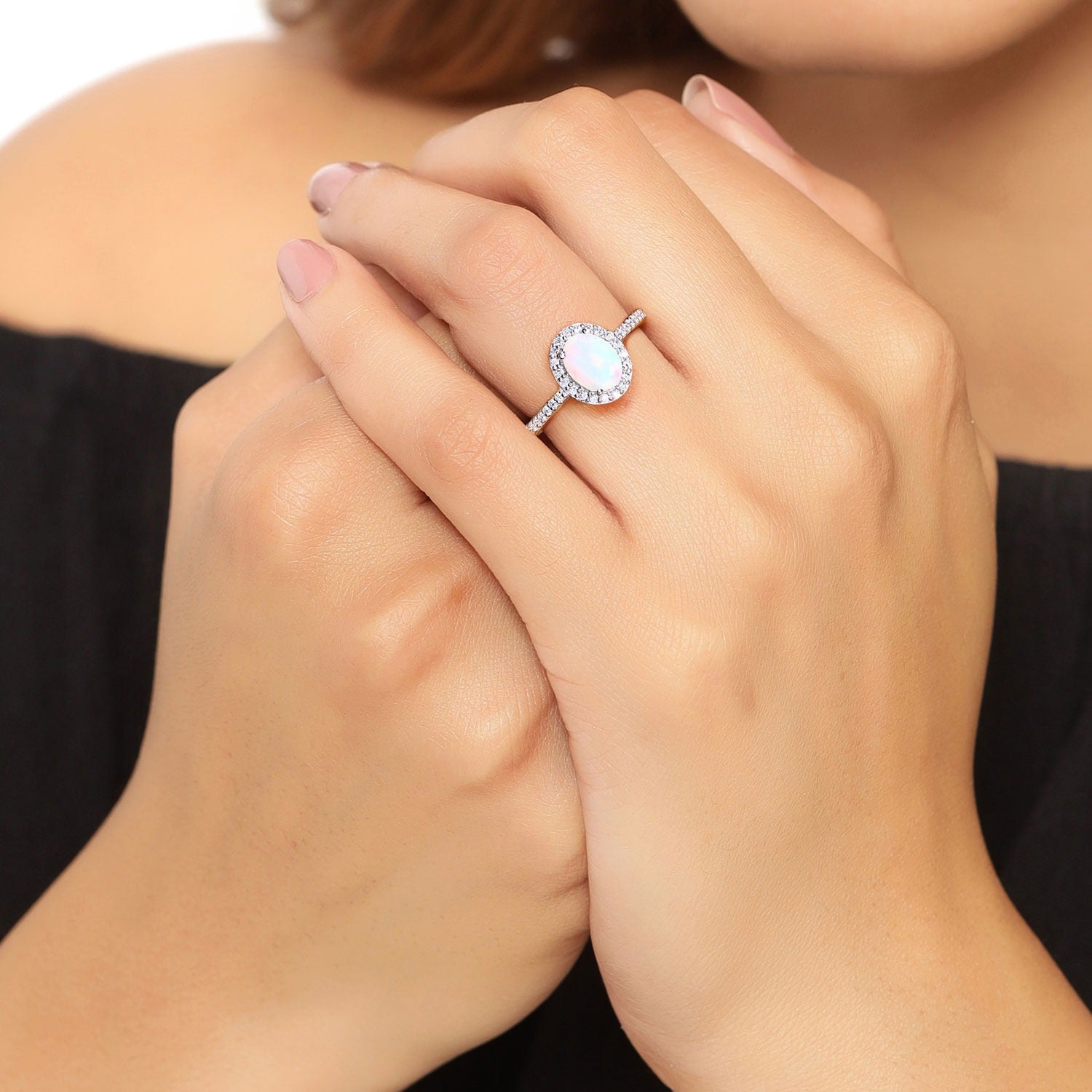 0.92 Ct Genuine Ethiopian Opal and Lab Diamond Silver Halo Pave Ring