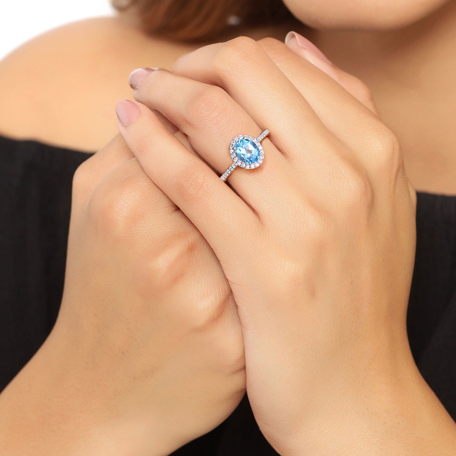 1.87 Ct Genuine Swiss Blue Topaz and Lab Diamond Silver Halo Ring