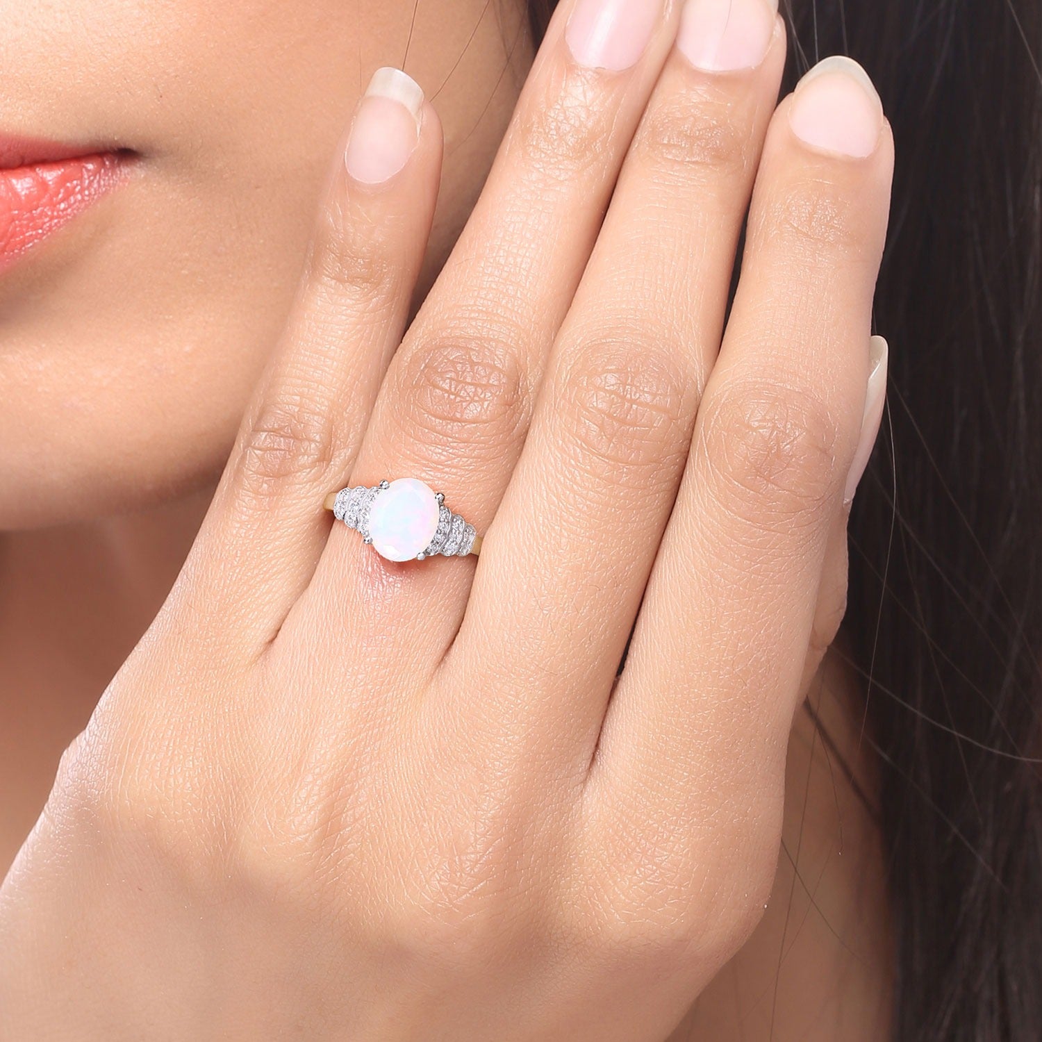 1.70 Ct Genuine Oval Ethiopian Opal and Lab Diamond Silver Ring