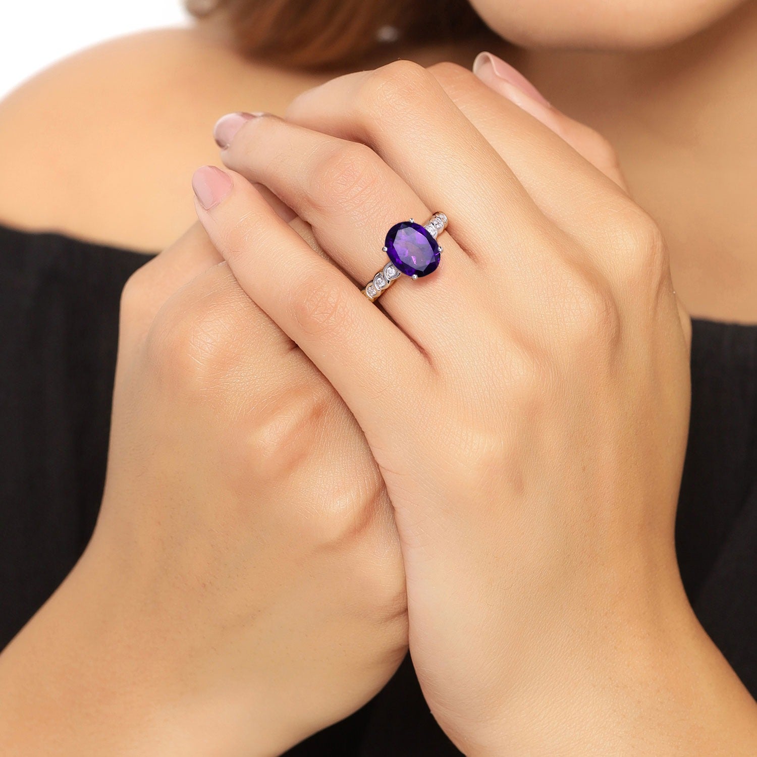 2.35 Ct Genuine Amethyst and Lab Diamond Silver Bridge Ring Fine Color Jewels