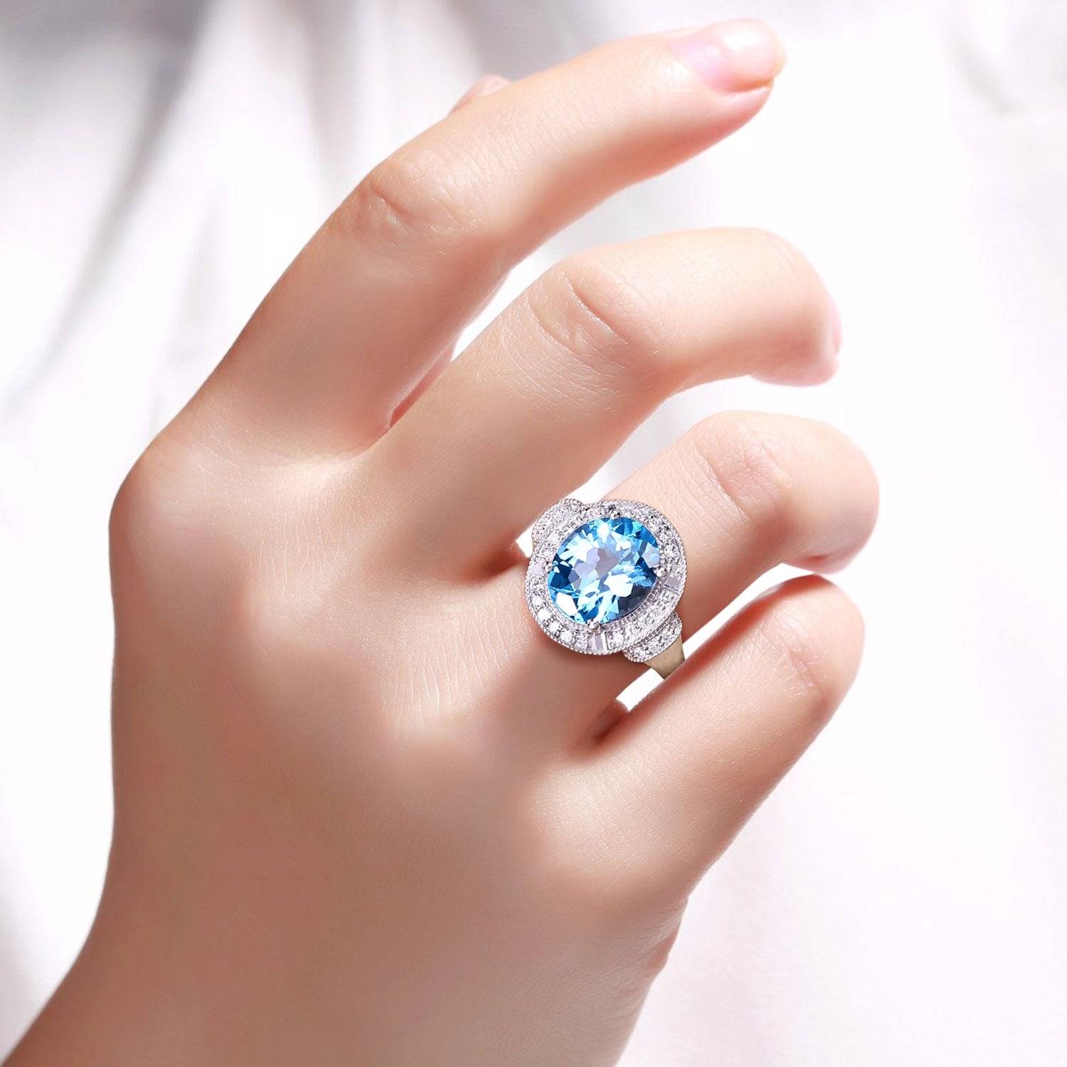 4.34 Ct Genuine Swiss Blue Topaz and Lab Diamond Silver Statement Ring Fine Color Jewels