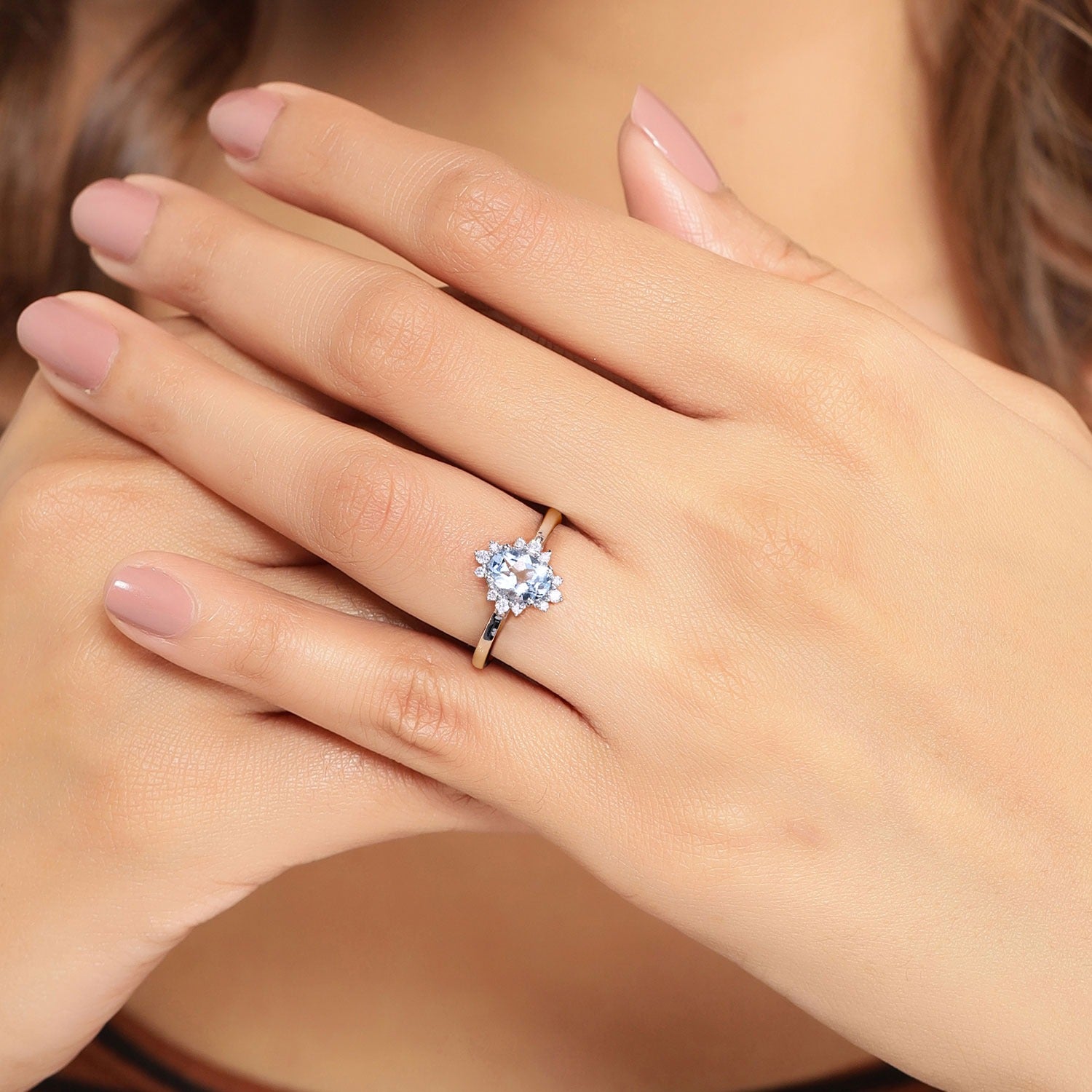 0.72 Ct Genuine Oval Aquamarine and Lab Grown Diamond Silver Halo Ring Fine Color Jewels