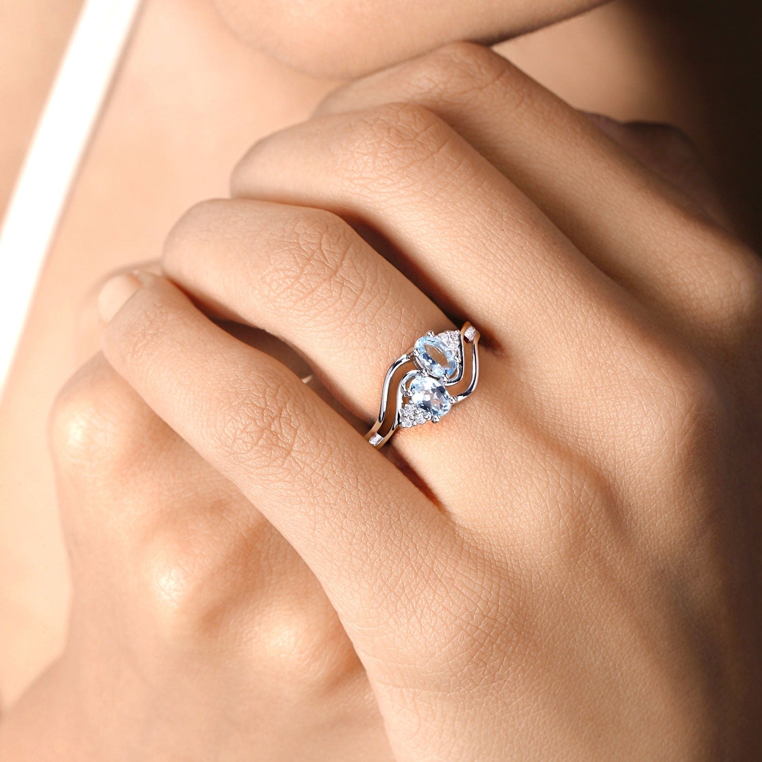 0.89 Ct Genuine Aquamarine and Lab Diamond Silver Bypass Promise Ring Fine Color Jewels