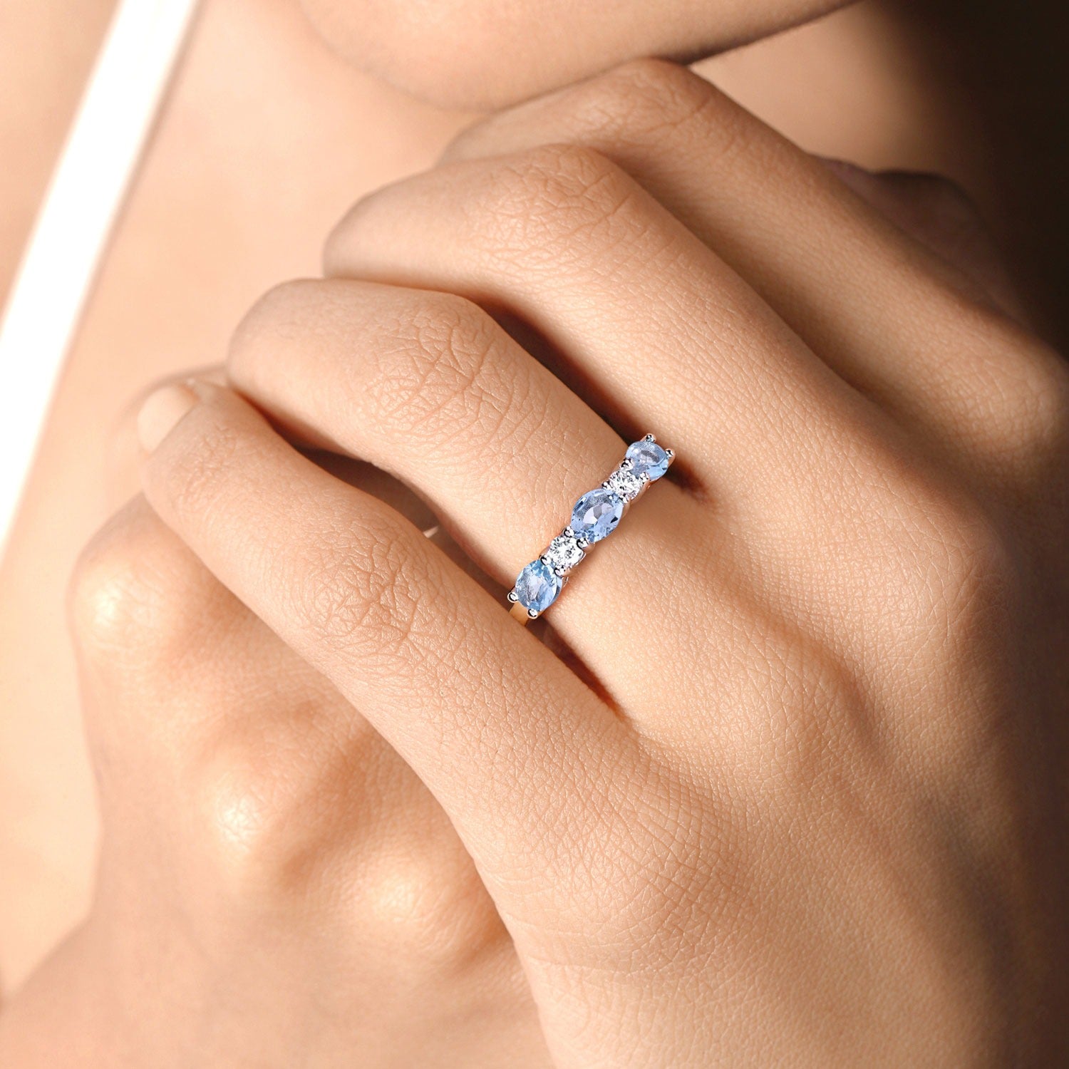 1.07 Ct Genuine Aquamarine and Lab Diamond Silver 5 Stone Ring Fine Color Jewels