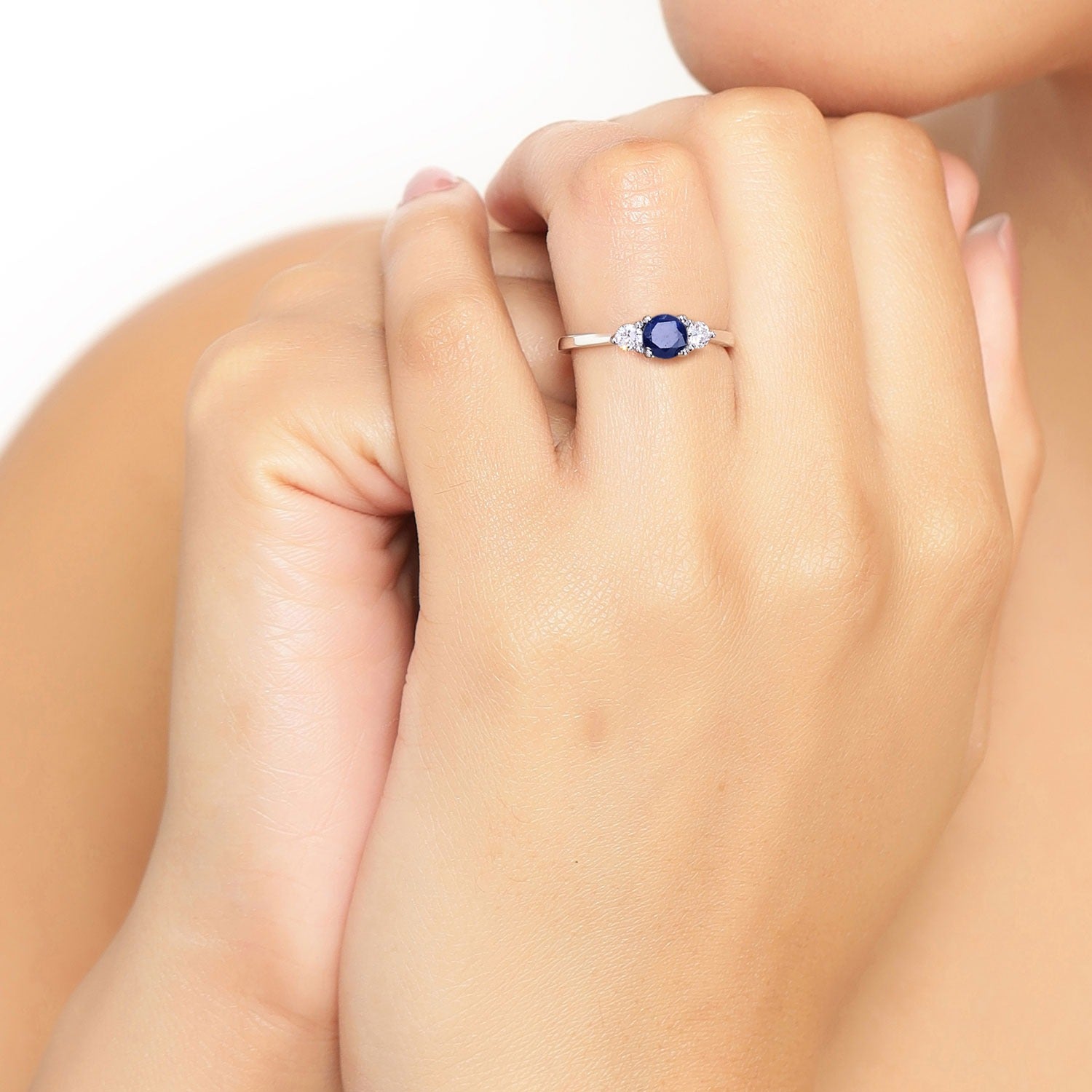 0.87 Ct Genuine Blue Sapphire and Lab Diamond Silver 3 Stone Ring Fine Color Jewels